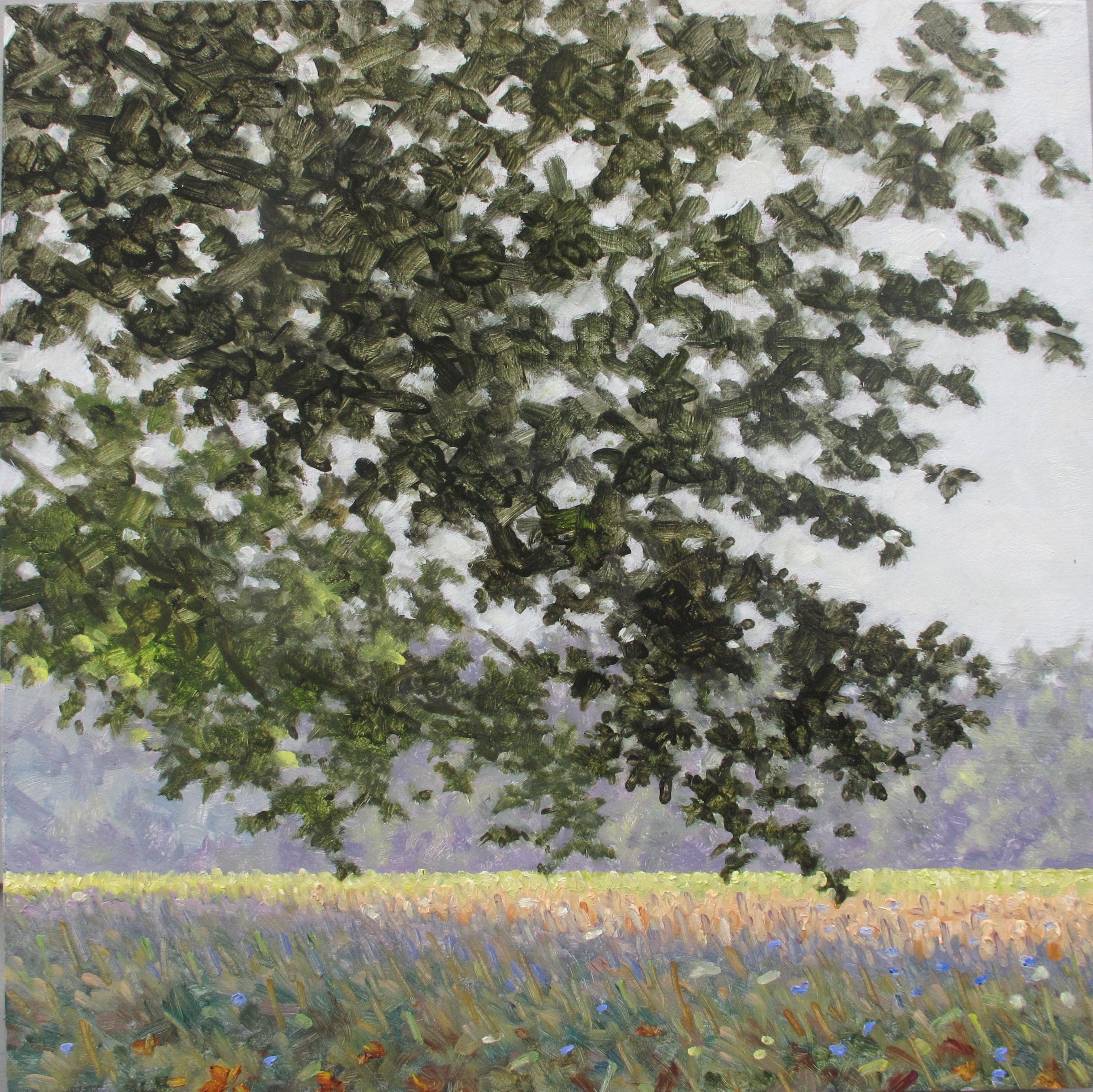 Landscape Painting di Thomas Sarrantonio - Pittura di campo 24 agosto 2020, Fiori in un campo verde, Albero, Tarda estate