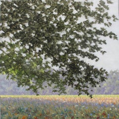 Pintura de campo 24 de agosto de 2020, Flores en campo verde, Árbol, Finales de verano