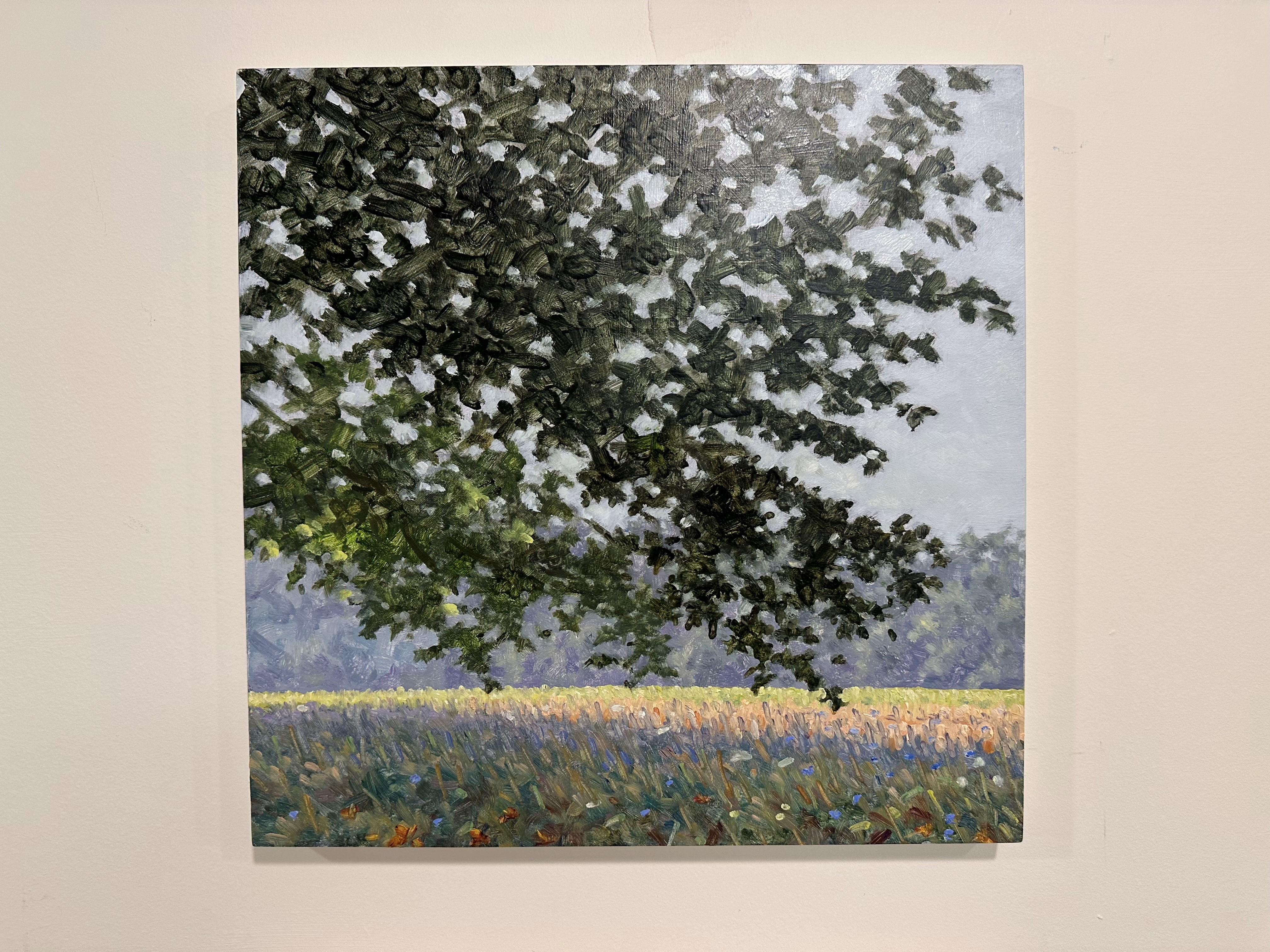 Field Painting August 24 2020, Flowers in Green Field, Trees, Late Summer - Gray Landscape Painting by Thomas Sarrantonio