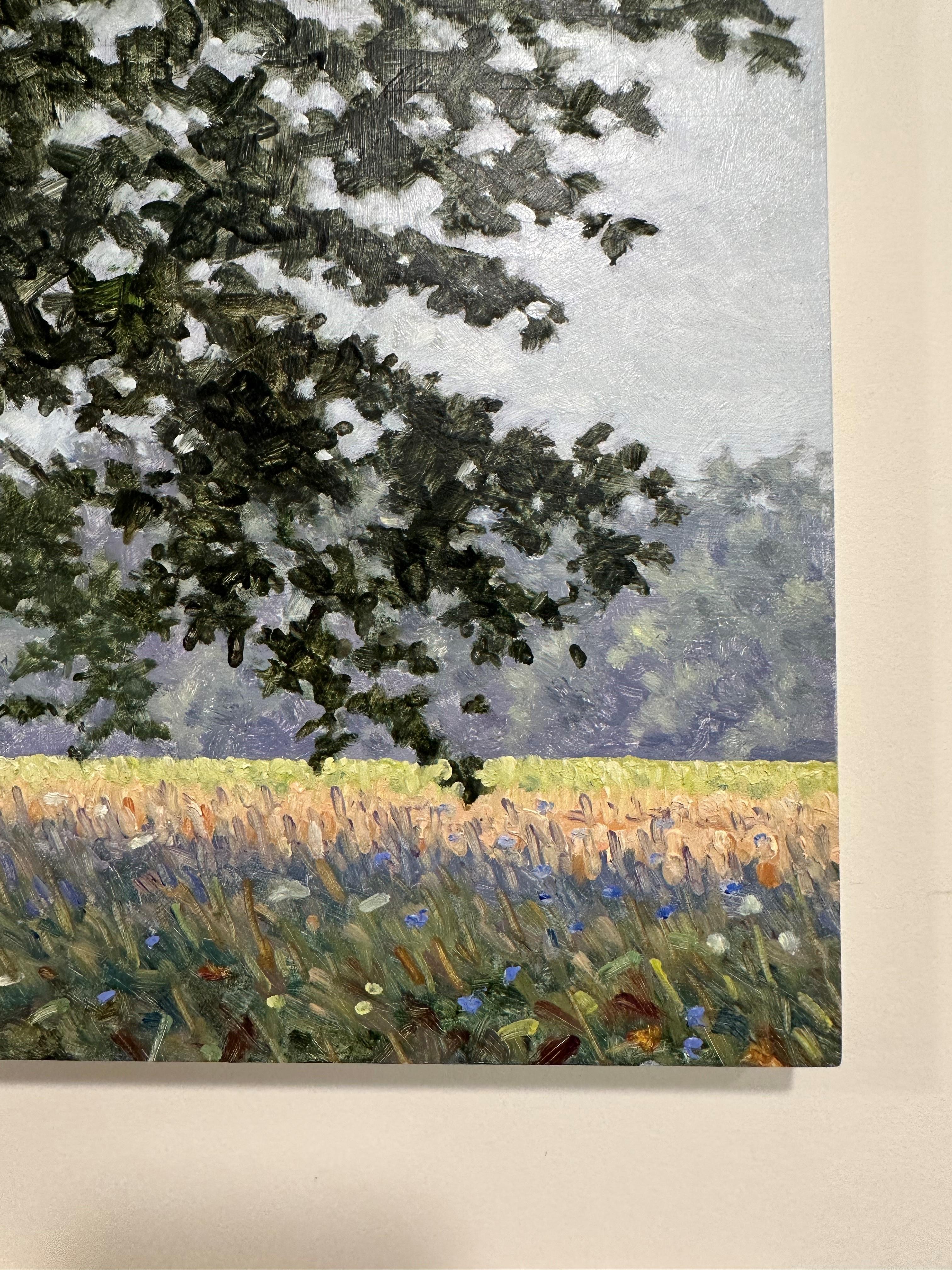 Field Painting August 24 2020, Flowers in Green Field, Trees, Late Summer For Sale 3
