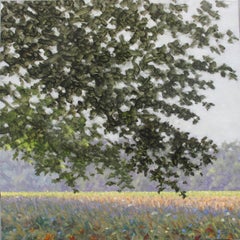 Field Painting August 24 2020, Landscape, Flowers in Green Field, Trees