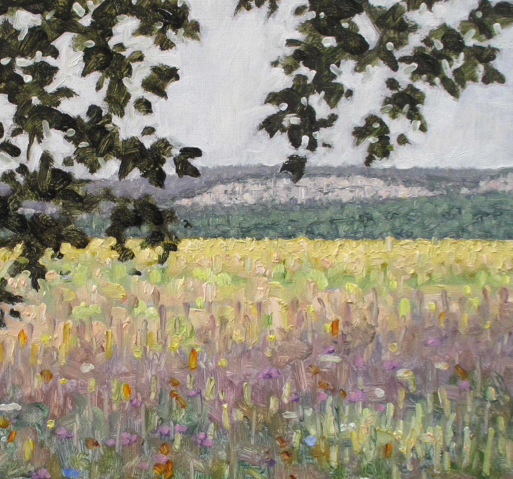 Field Painting August 3 2020, Green Tree, Violet Blue, Lavender, White Flowers - Purple Landscape Painting by Thomas Sarrantonio