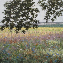 Field Painting August 3 2020, Botanical Landscape, Green Tree, Violet Flowers
