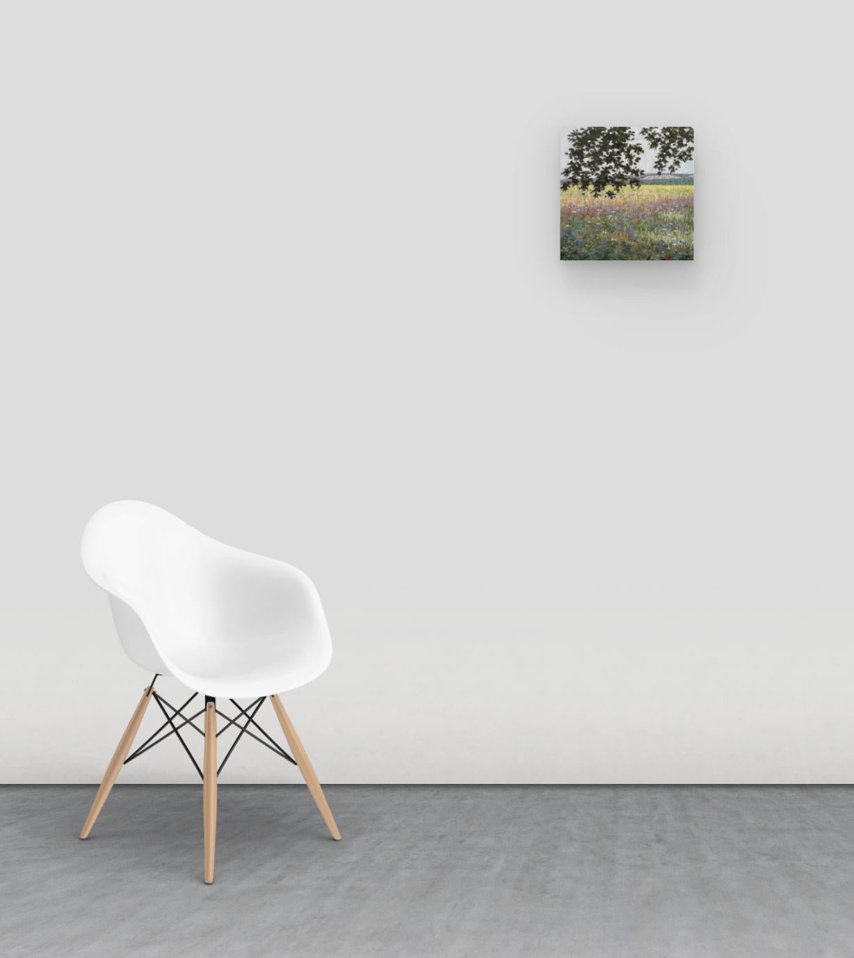 Pittura di campo 3 agosto 2020, Albero verde, Viola blu, Lavanda, Fiori bianchi - Painting di Thomas Sarrantonio