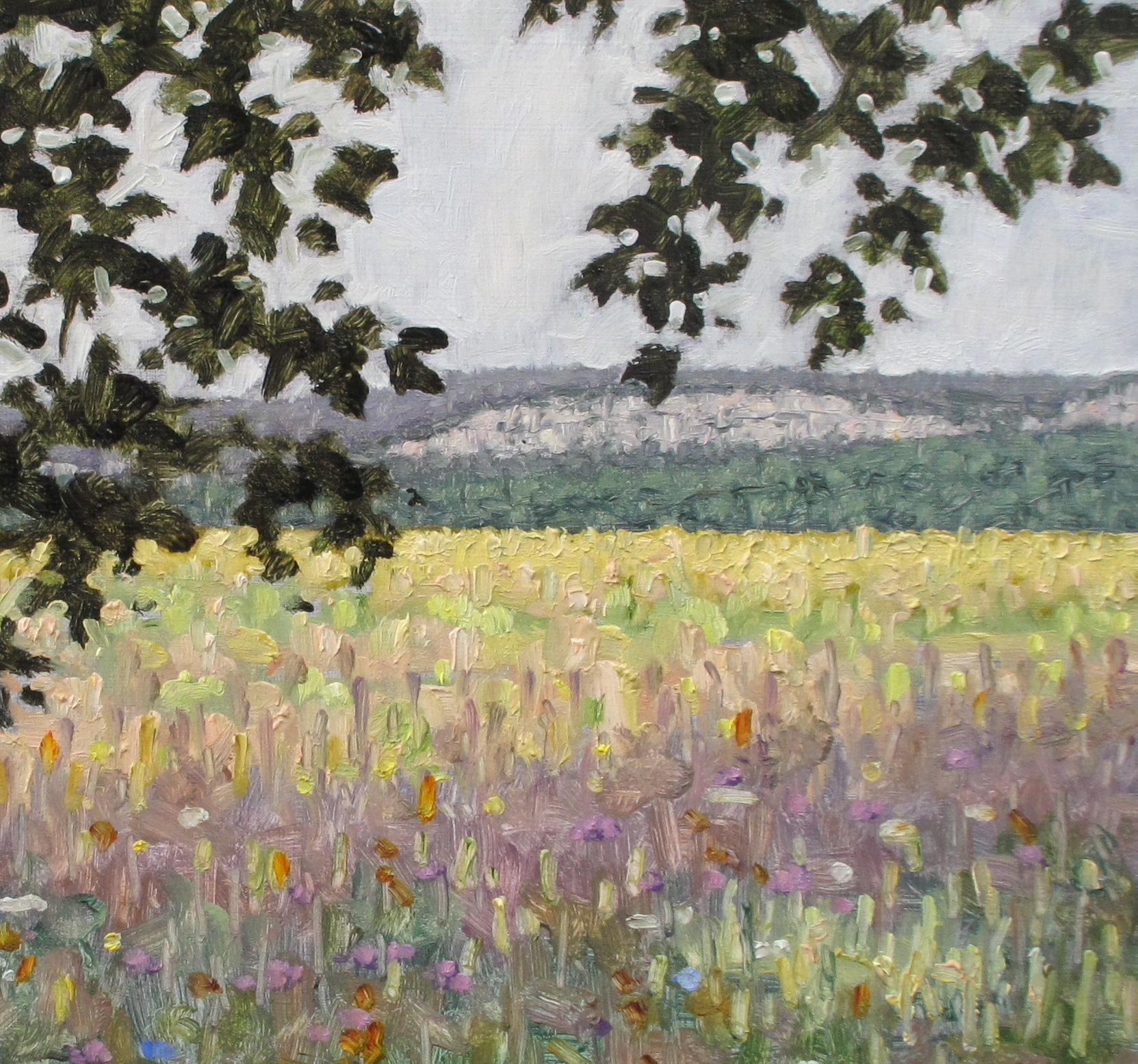 Pittura di campo 3 agosto 2020, Albero verde, Viola blu, Lavanda, Fiori bianchi - Painting Contemporaneo di Thomas Sarrantonio