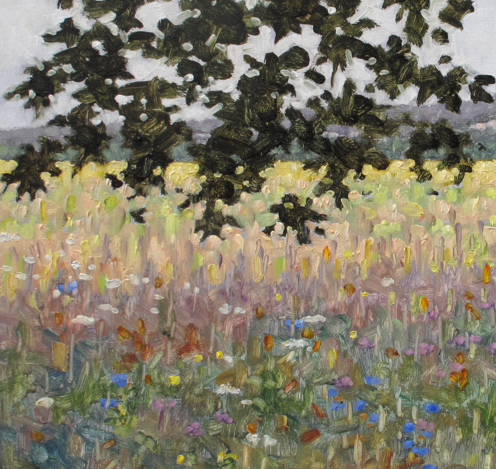 Pittura di campo 3 agosto 2020, Albero verde, Viola blu, Lavanda, Fiori bianchi - Landscape Painting Grigio di Thomas Sarrantonio