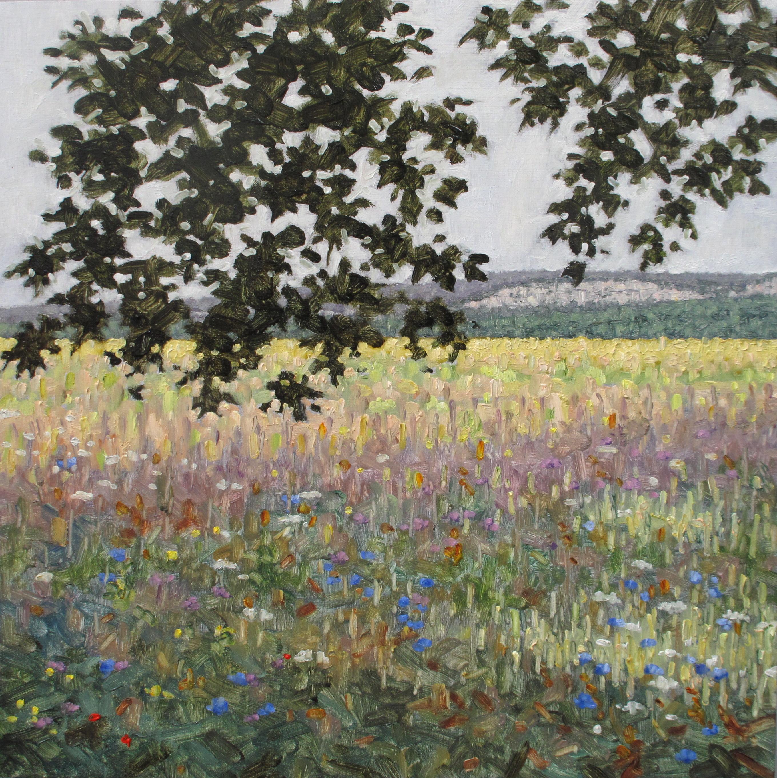 Landscape Painting di Thomas Sarrantonio - Pittura di campo 3 agosto 2020, Albero verde, Viola blu, Lavanda, Fiori bianchi