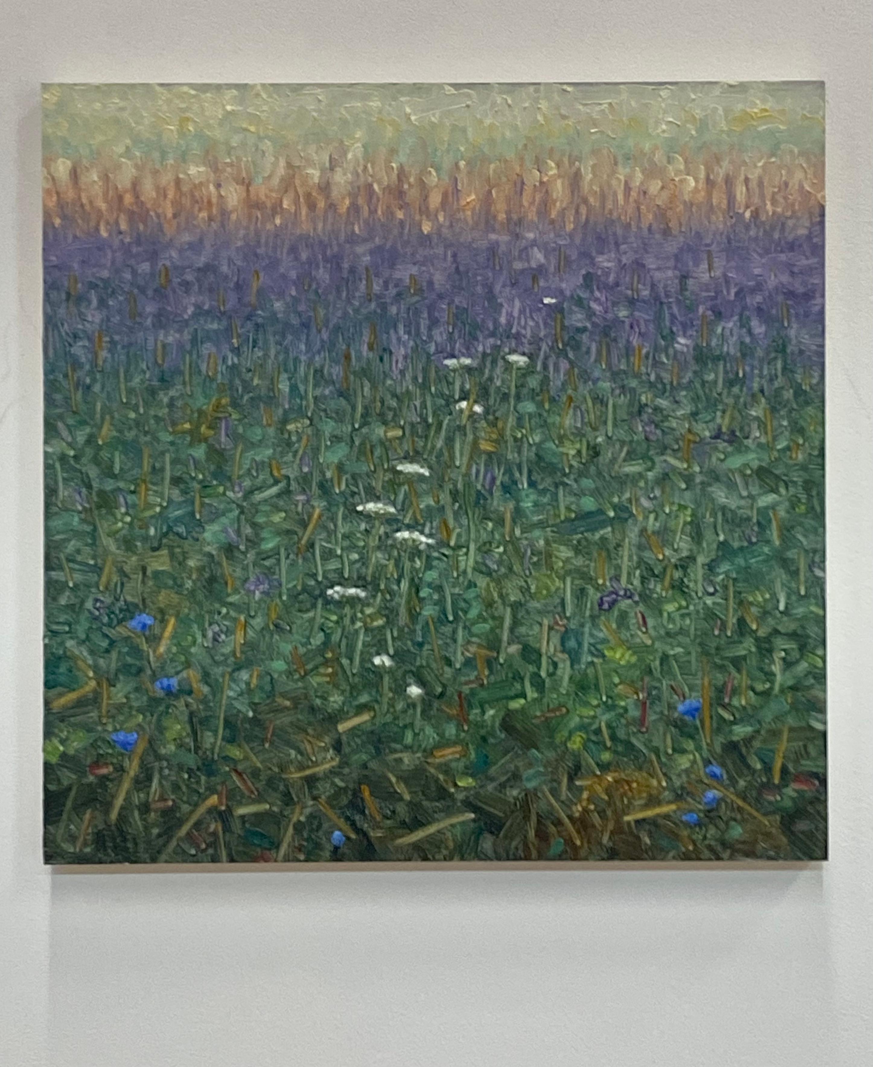 Field Painting August 3 2021, Purple, White, Blue Lavender Flowers Green Grass - Gray Landscape Painting by Thomas Sarrantonio