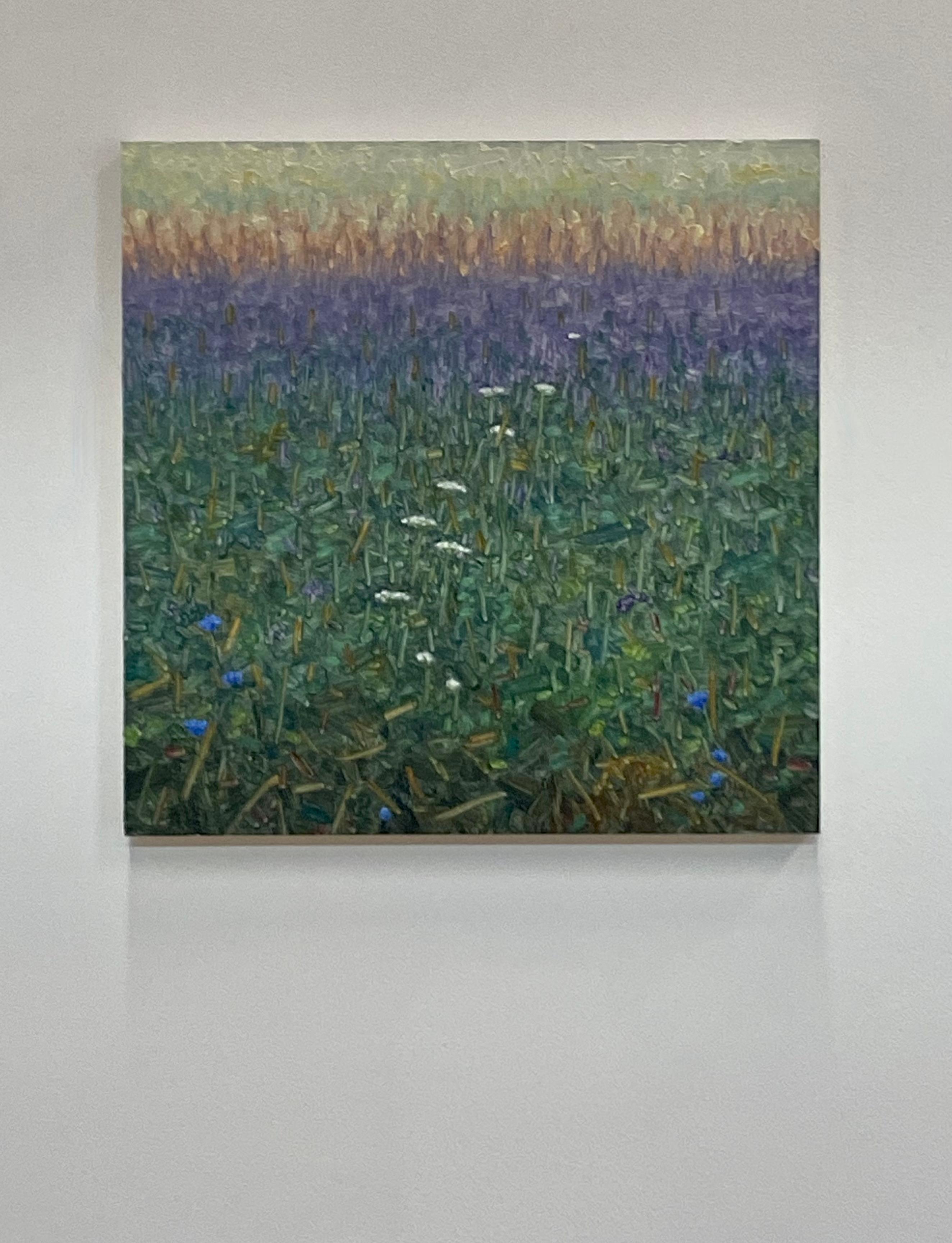 A peaceful outdoor scene of a delicately painted field with periwinkle blue flowers, lavender and white Queen Anne's lace, beautifully capturing the idyllic feel of a field of wildflowers and tall grass in early August. Signed, dated and titled on