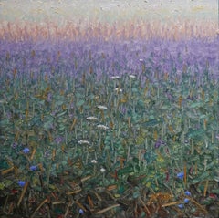 Field Painting August 3 2021, Landscape, Purple, White, Blue Flowers Green Grass