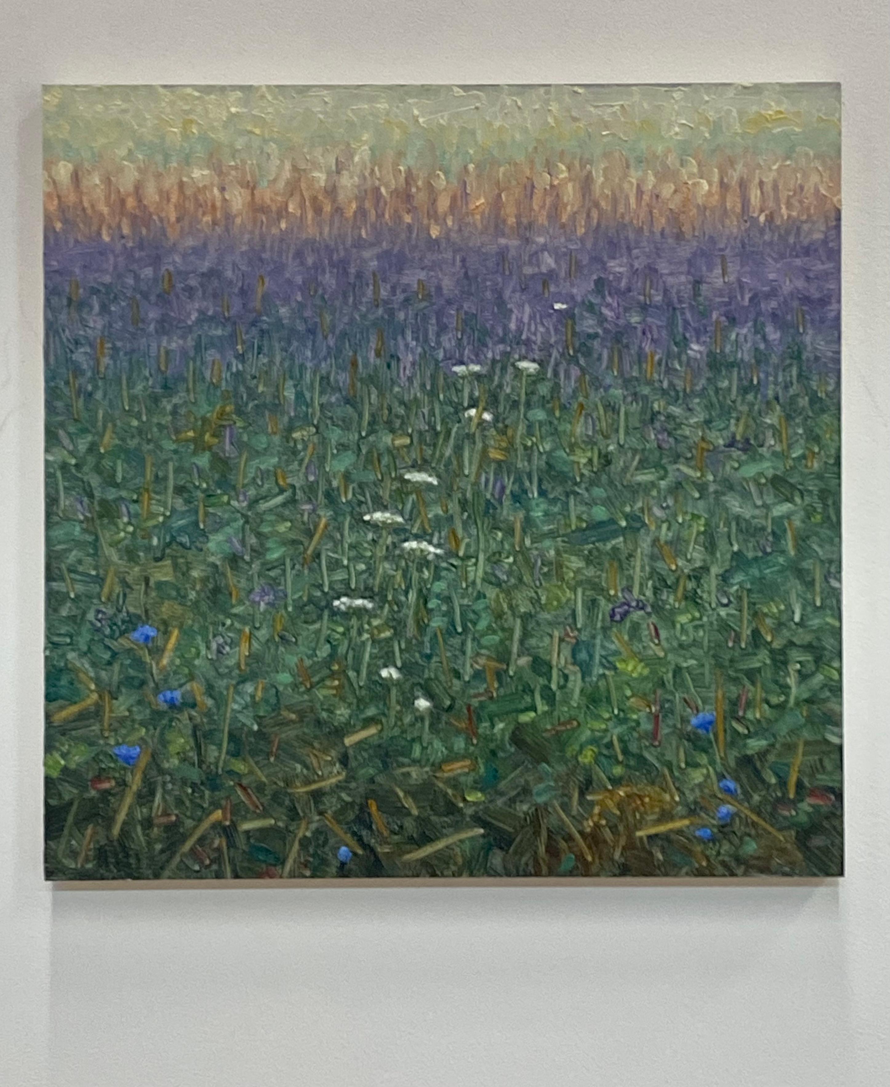 Pittura di campo 3 agosto 2021, viola, bianco, blu Fiori di lavanda Erba verde - Painting di Thomas Sarrantonio