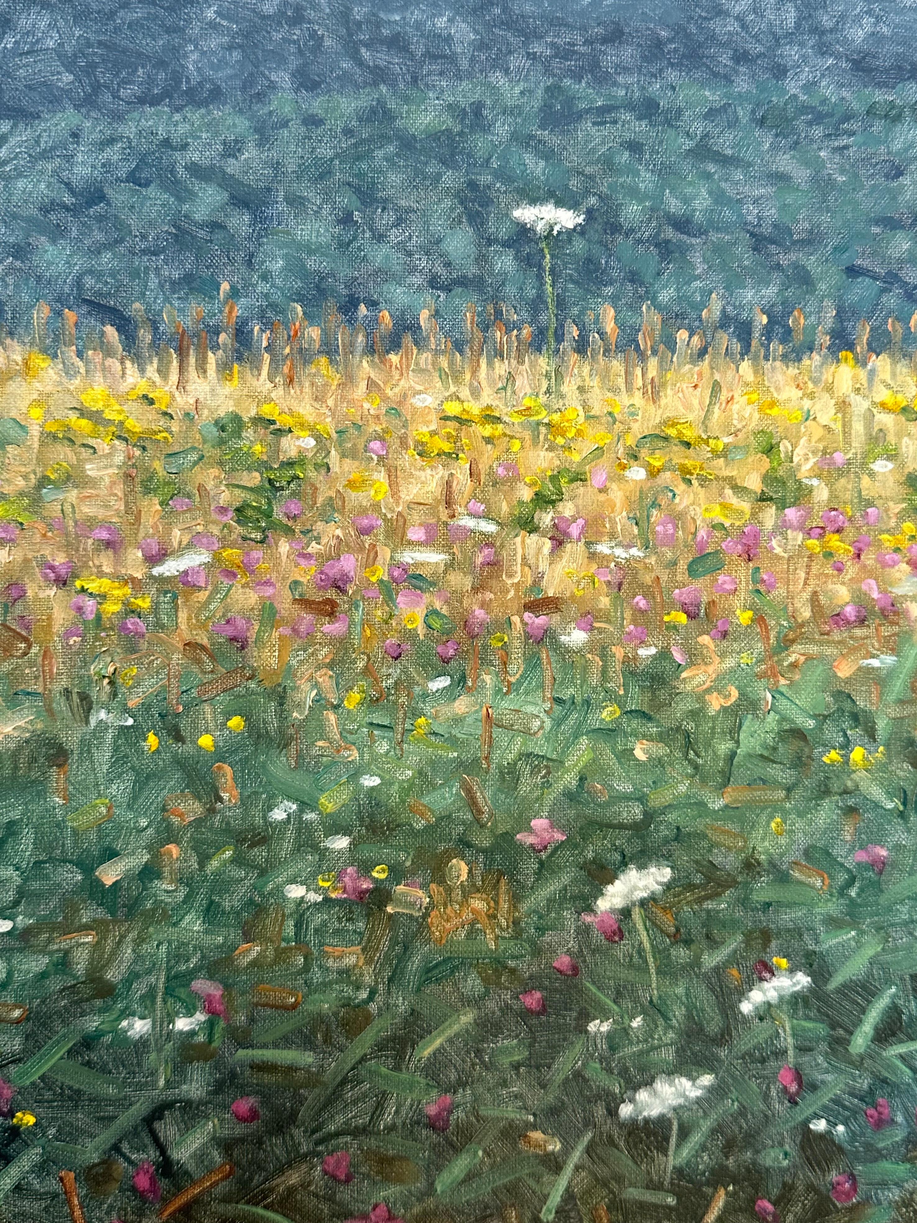 Pintura de campo 3 de agosto - Paisaje contemporáneo Pintura al óleo Flores, 2023 - Landscape Painting Gris de Thomas Sarrantonio