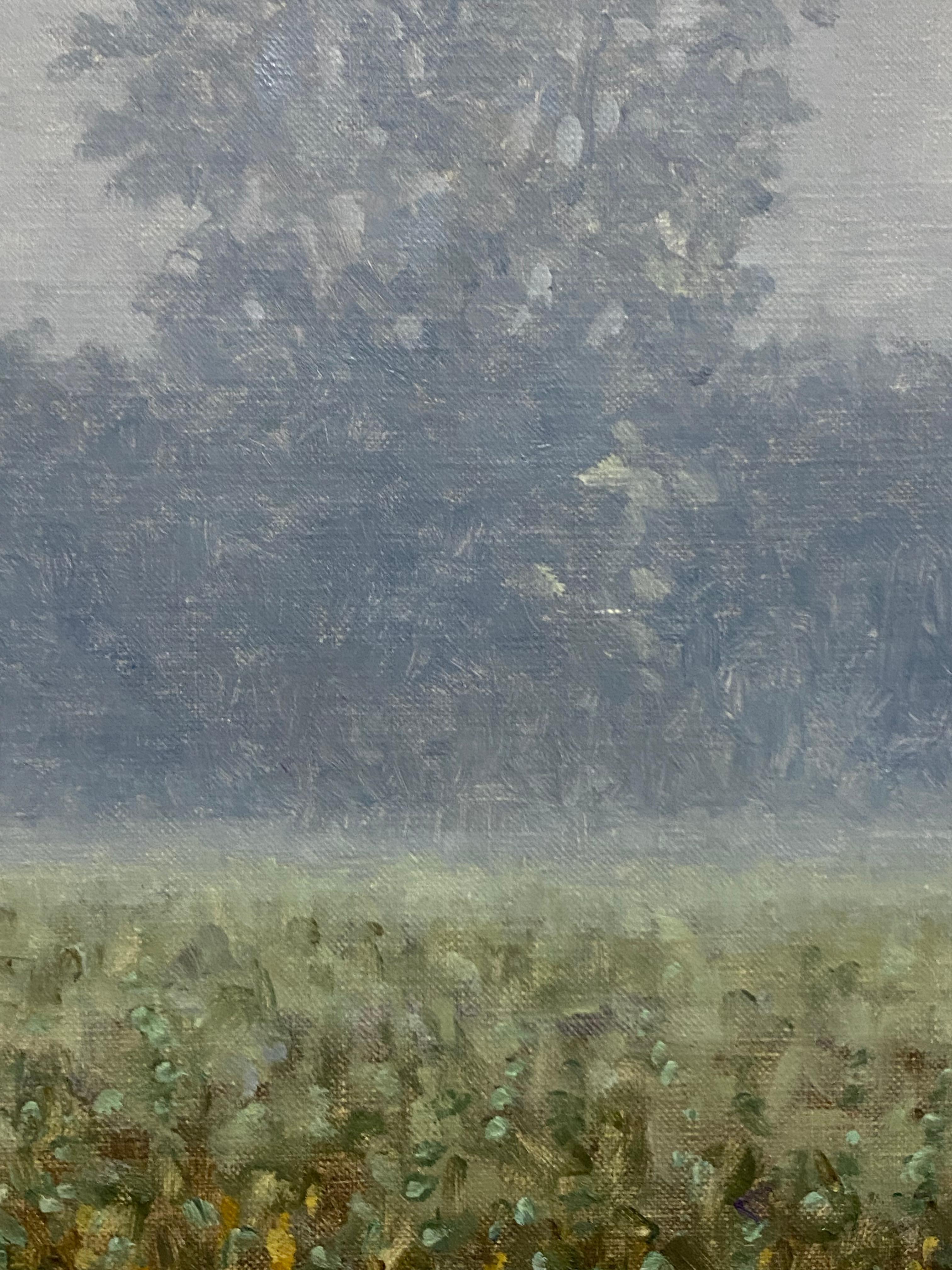 Field Painting August 31 2021, Landscape in Fog, Trees, Green, Ochre Grass For Sale 1