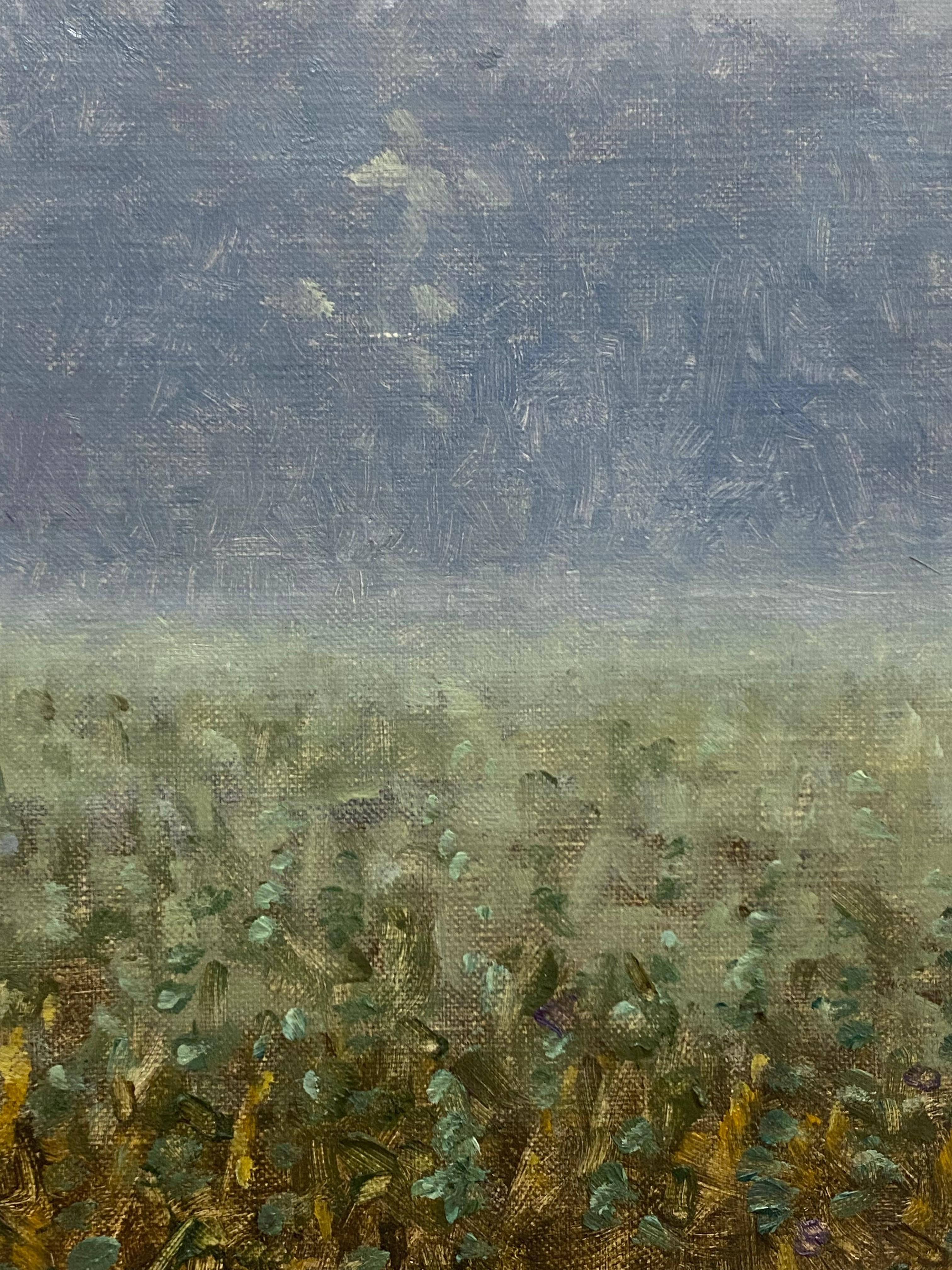 Field Painting August 31 2021, Landscape in Fog, Trees, Green, Ochre Grass For Sale 2