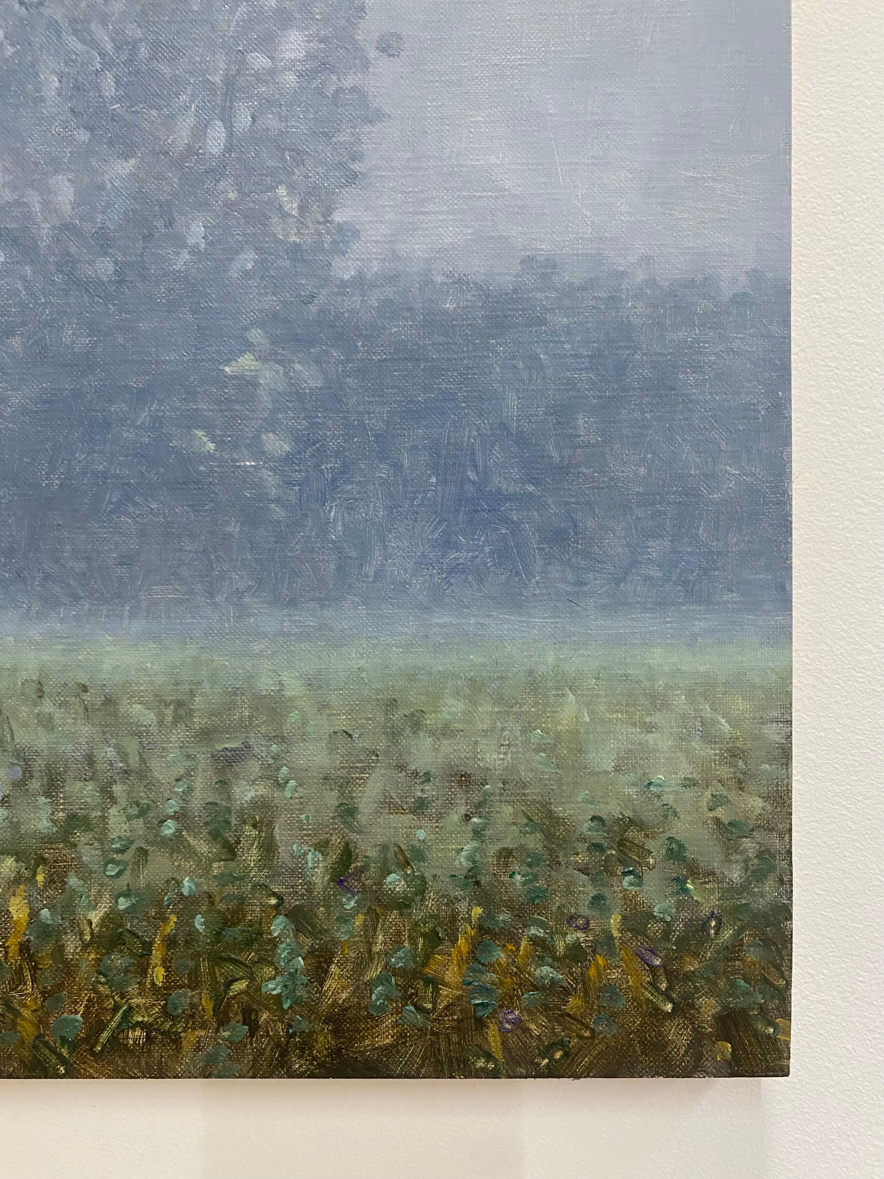 Field Painting August 31 2021, Landscape in Fog, Trees, Green, Ochre Grass For Sale 3