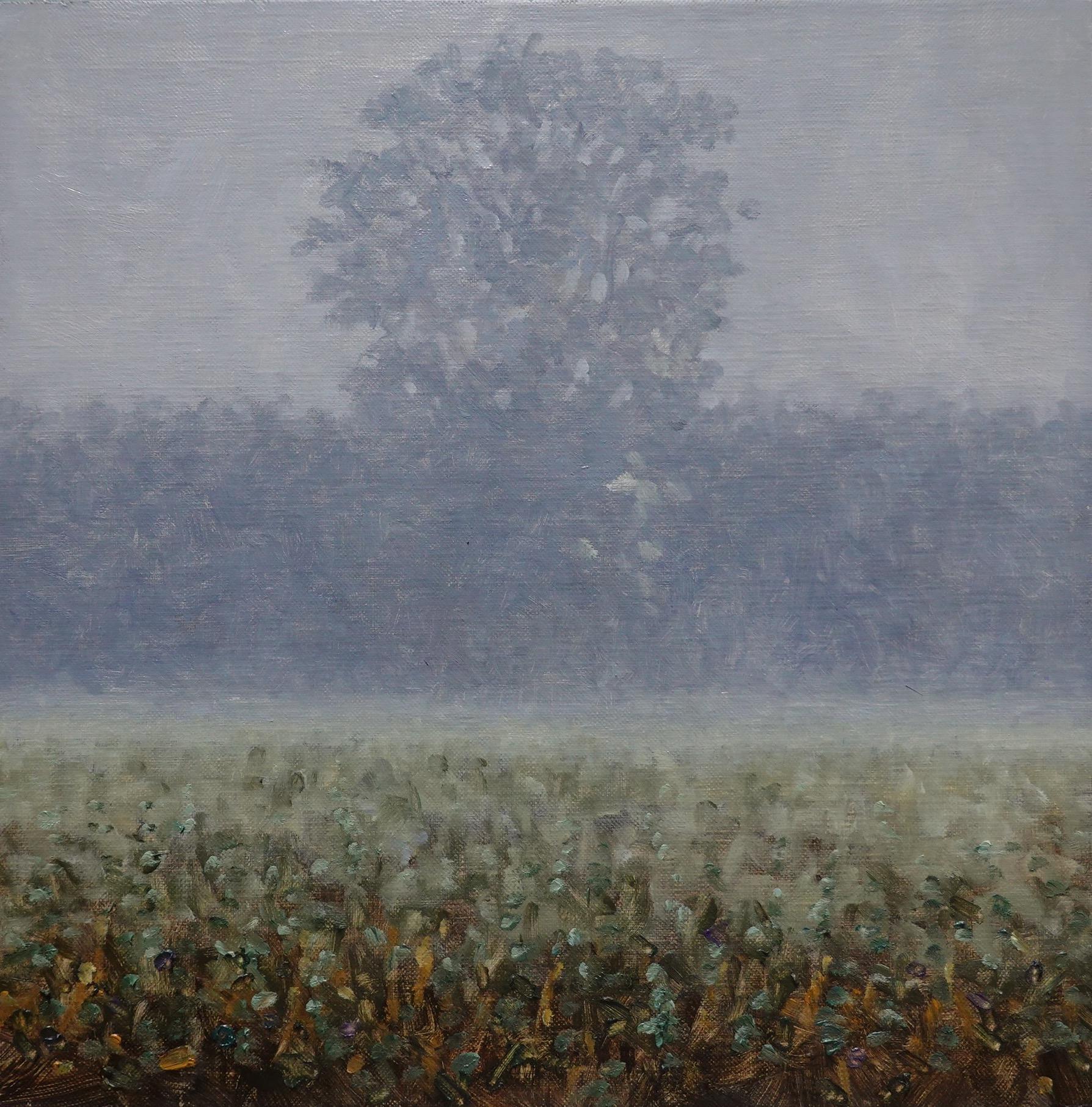 Thomas Sarrantonio Landscape Painting - Field Painting August 31 2021, Landscape in Fog, Trees, Green, Ochre Grass