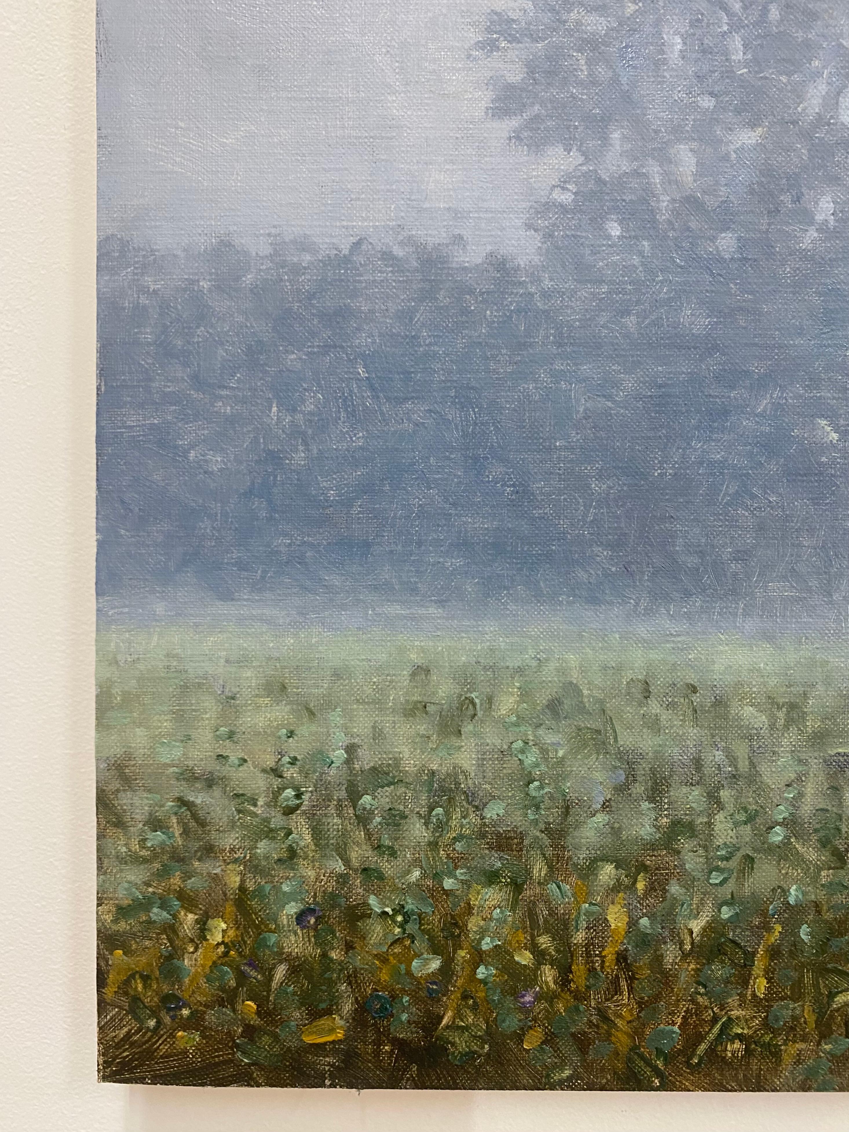 Pintura de campo 31 de agosto - Paisaje contemporáneo Árbol en niebla gris, 2021 - Landscape Painting Gris de Thomas Sarrantonio