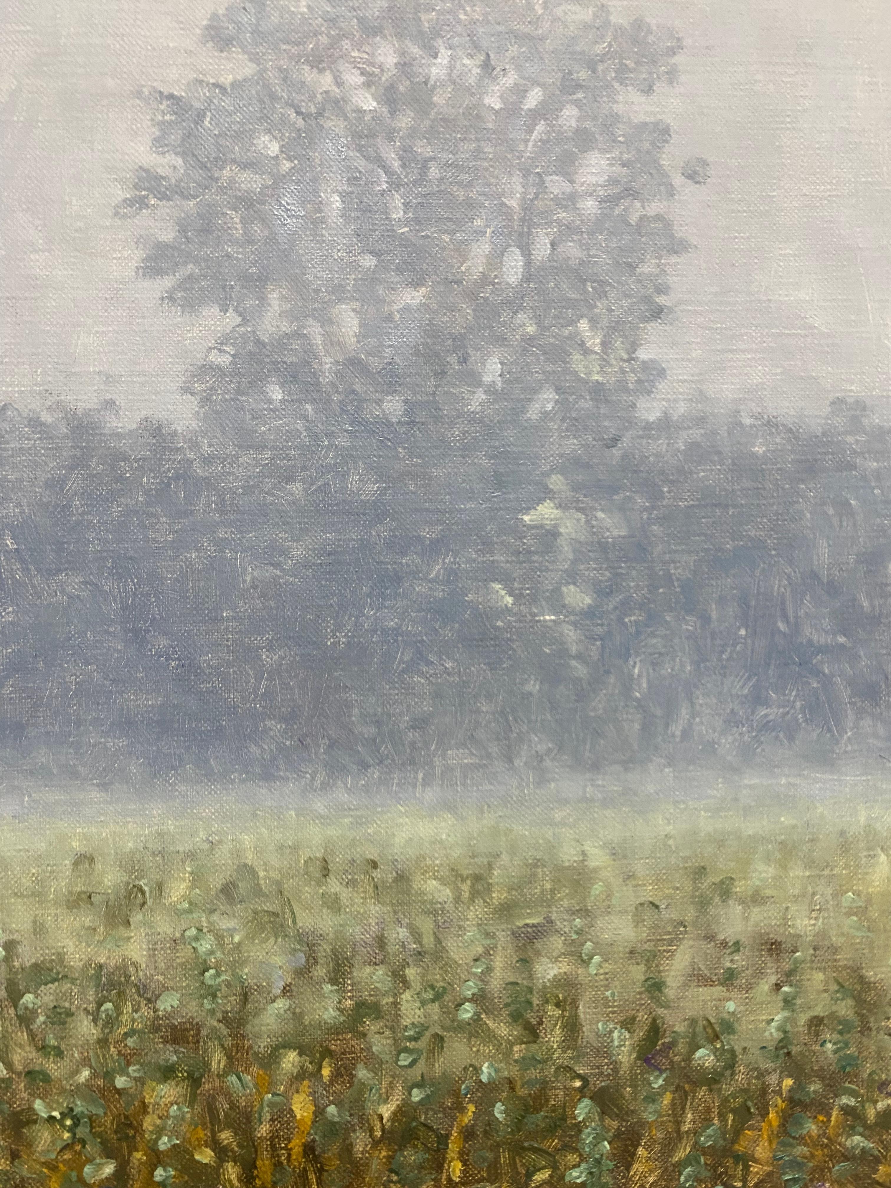En este óleo contemporáneo sobre tabla, una apacible escena al aire libre de un campo delicadamente pintado y árboles envueltos en niebla, captura maravillosamente la sensación idílica de finales de agosto. Firmado, fechado y titulado en el