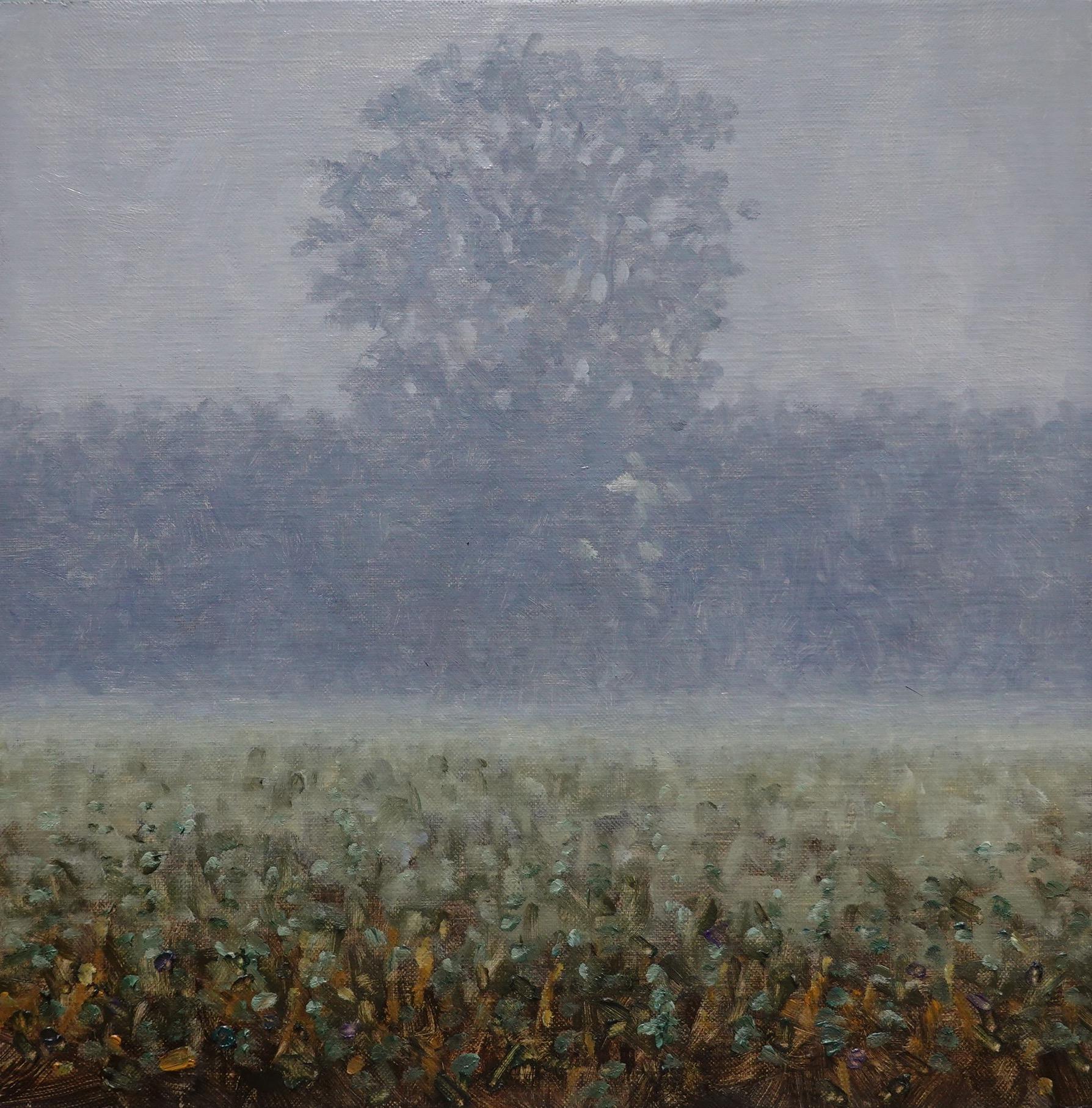 Landscape Painting de Thomas Sarrantonio - Pintura de campo 31 de agosto - Paisaje contemporáneo Árbol en niebla gris, 2021