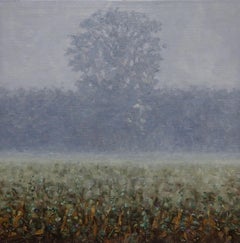 Field Painting August 31 - Contemporary Landscape Tree in Gray Fog, 2021
