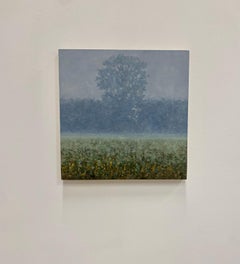 Field Painting August 31 - Contemporary Landscape Grass Tree in Gray Fog, 2022