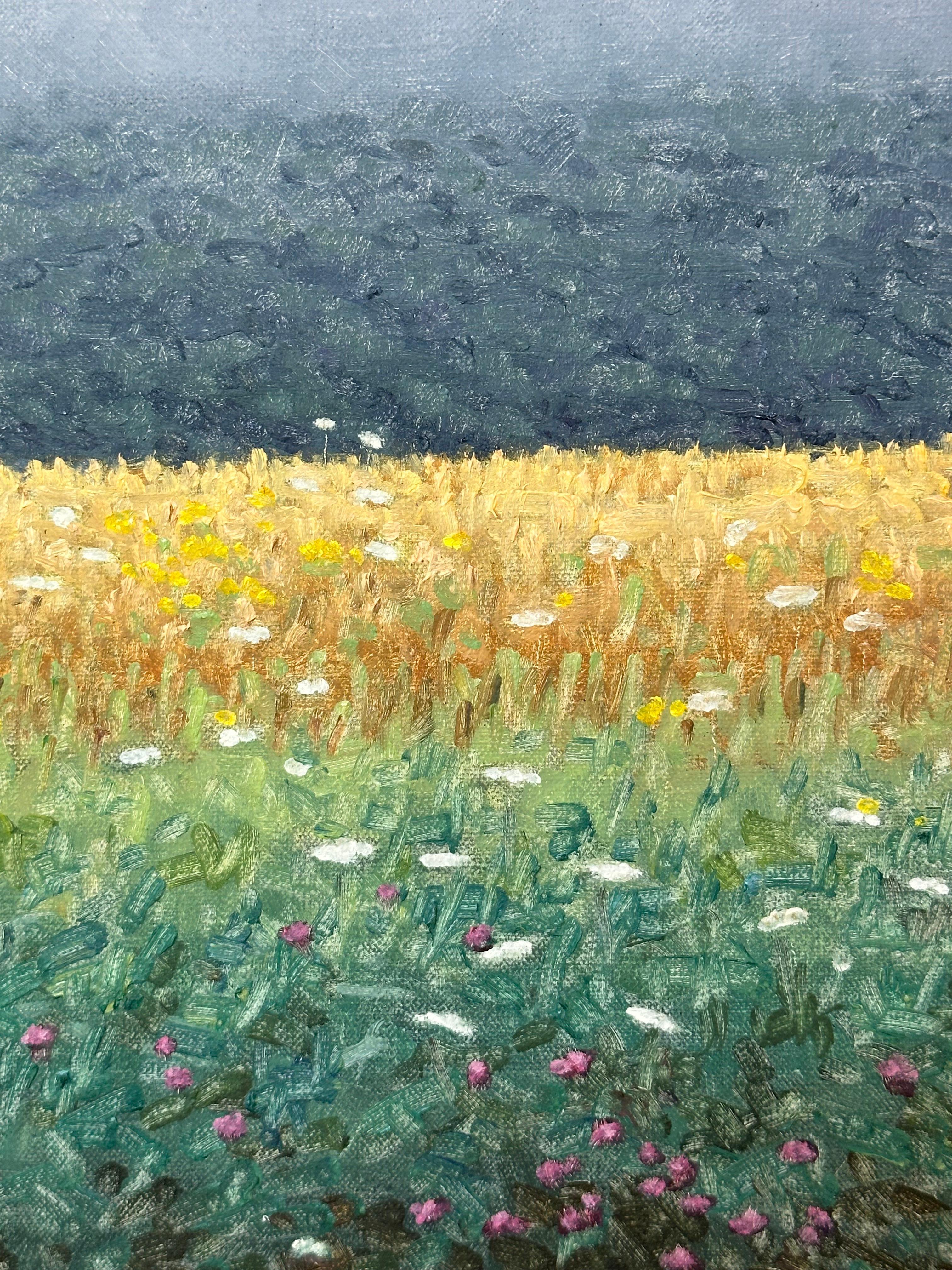 Peinture de terrain 7 août - Peinture de paysage contemporaine Fleurs violettes, 2023 - Gris Landscape Painting par Thomas Sarrantonio