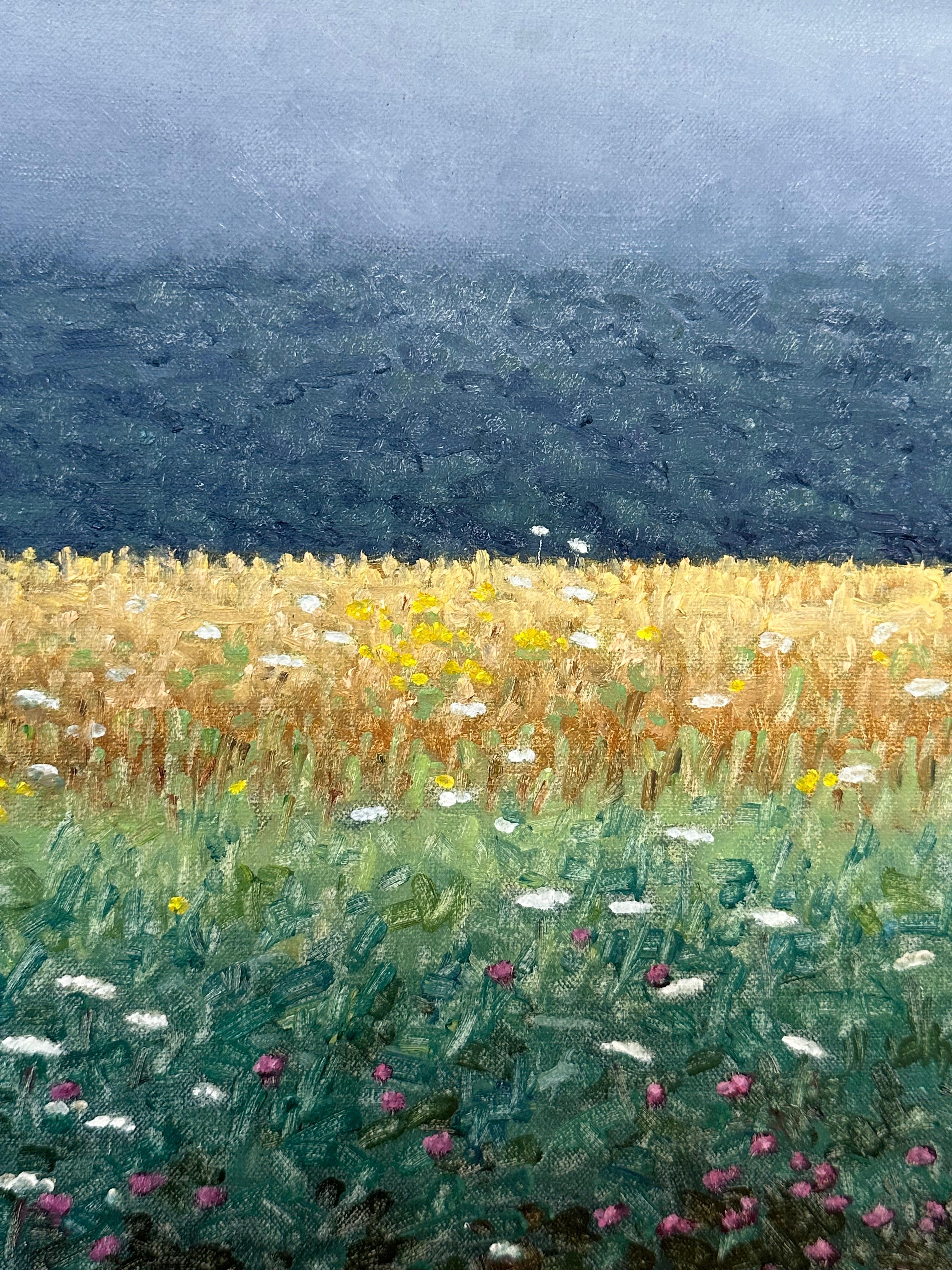 Peinture de terrain 7 août - Peinture de paysage contemporaine Fleurs violettes, 2023 en vente 1