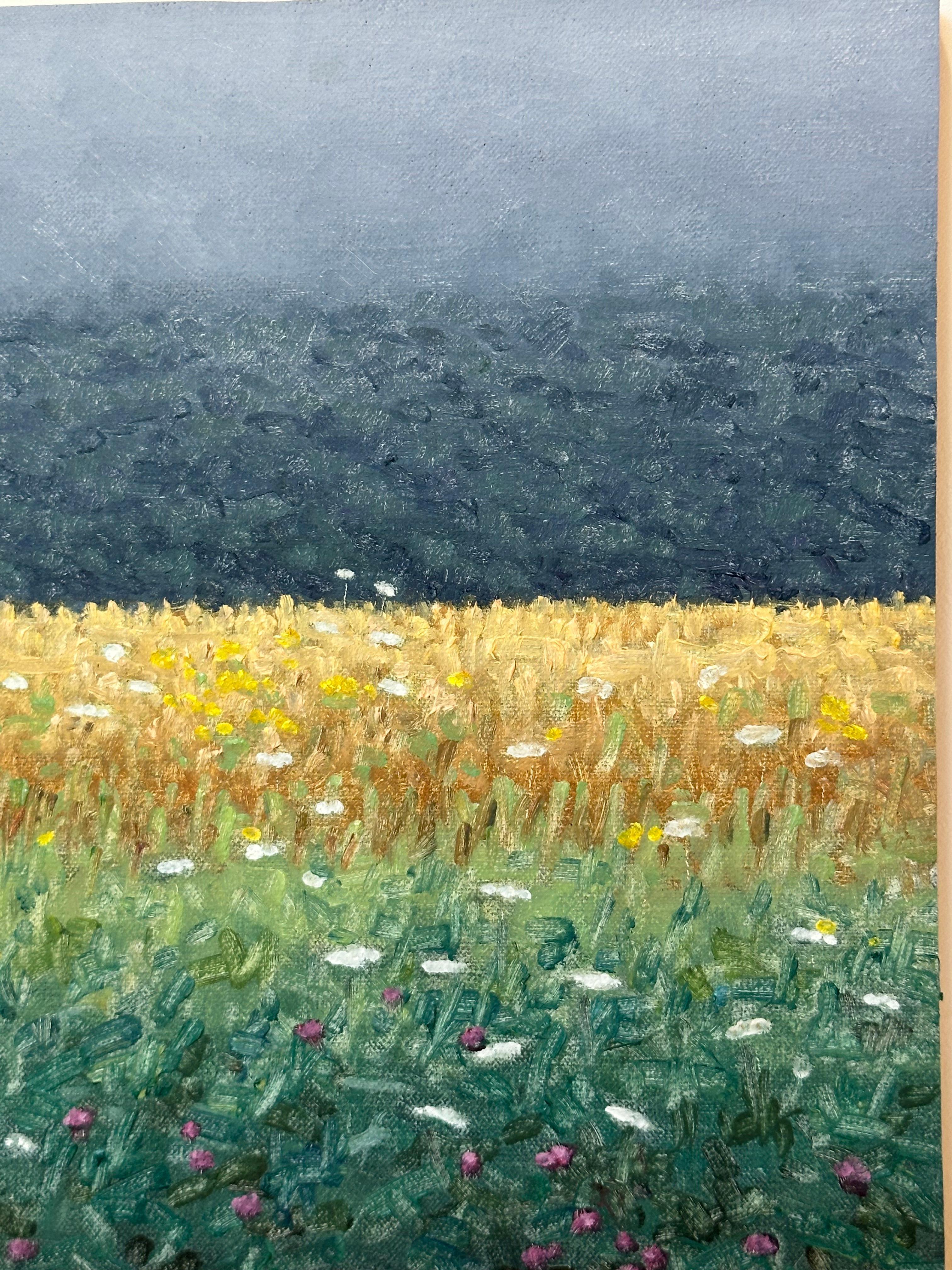 Peinture de terrain 7 août - Peinture de paysage contemporaine Fleurs violettes, 2023 en vente 2