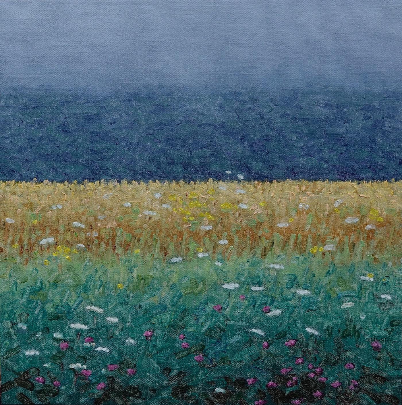 Landscape Painting Thomas Sarrantonio - Peinture de terrain 7 août - Peinture de paysage contemporaine Fleurs violettes, 2023