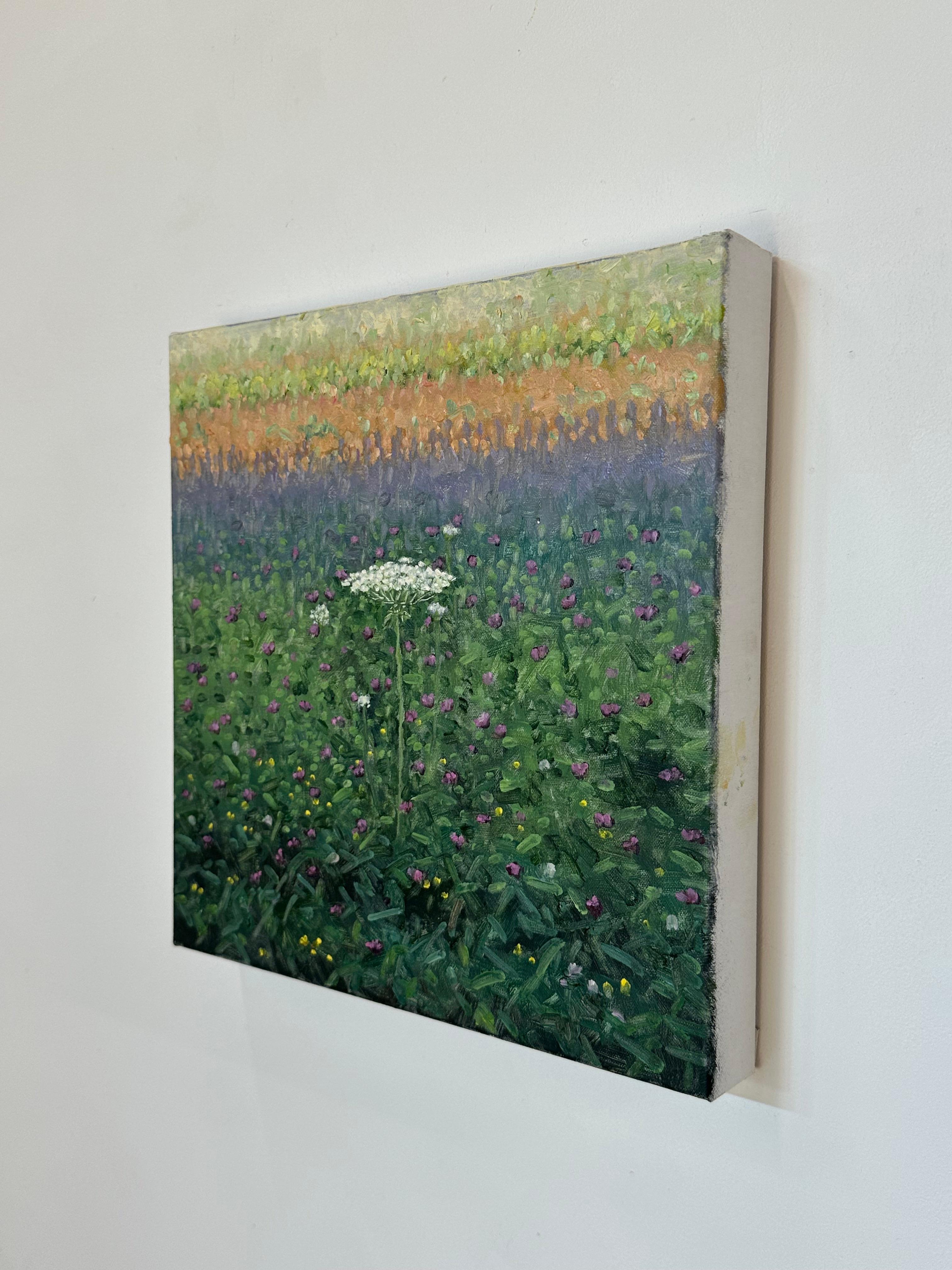 In this contemporary landscape painting in oil on panel, a peaceful summer scene is set, beautifully capturing the idyllic feel of a field of wildflowers in August. Signed, dated and titled on verso.

The paintings of Thomas Sarrantonio seek to
