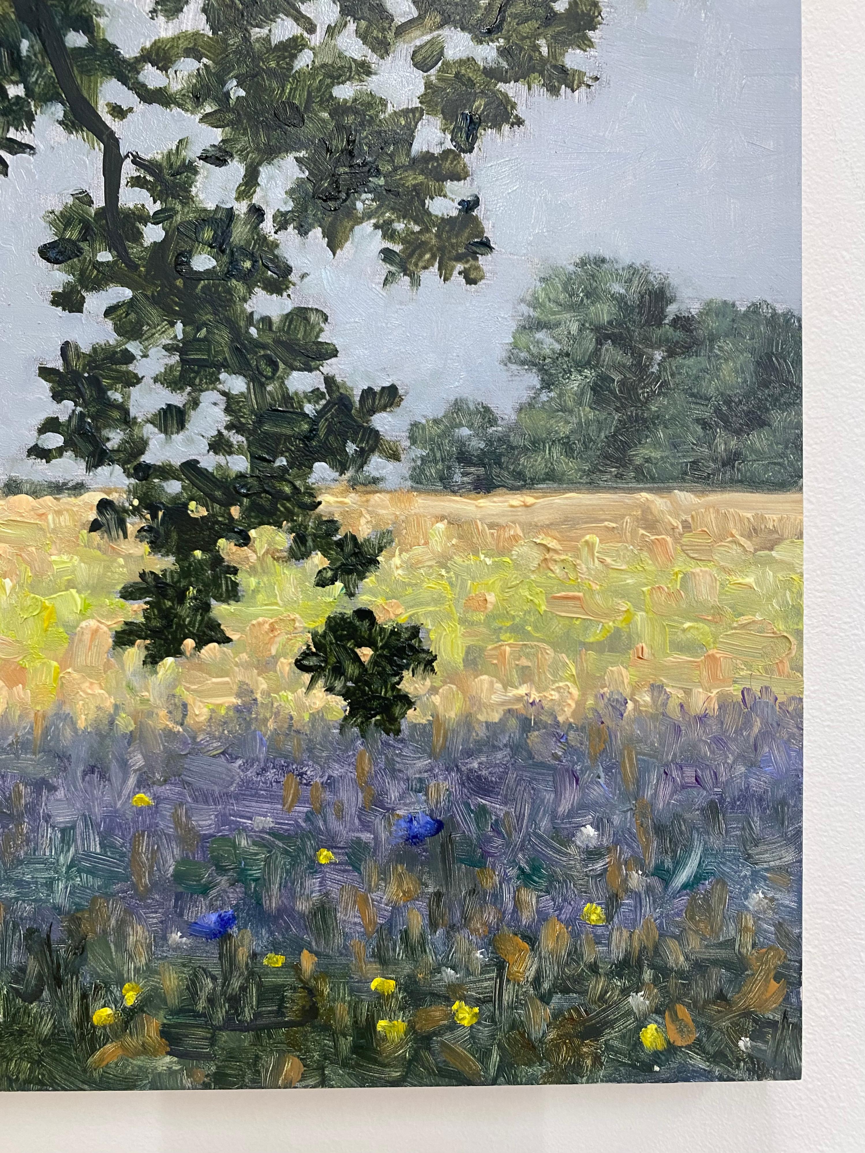 Field Painting July 1 2022, Violet Blue Flowers, Golden Green Grass, Trees For Sale 6