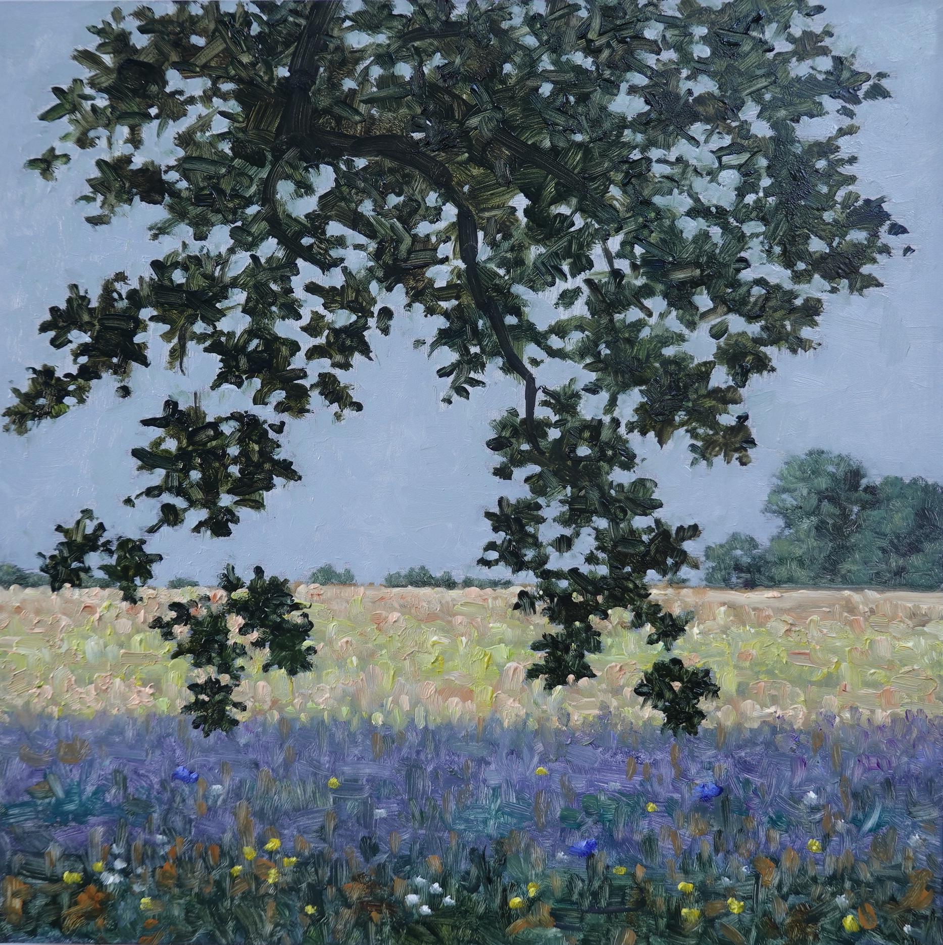 Thomas Sarrantonio Landscape Painting - Field Painting July 1 2022, Violet Blue Flowers, Golden Green Grass, Trees