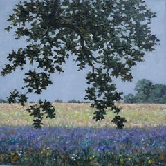 Field Painting July 1 2022, Violet Blue Flowers, Golden Green Grass, Trees