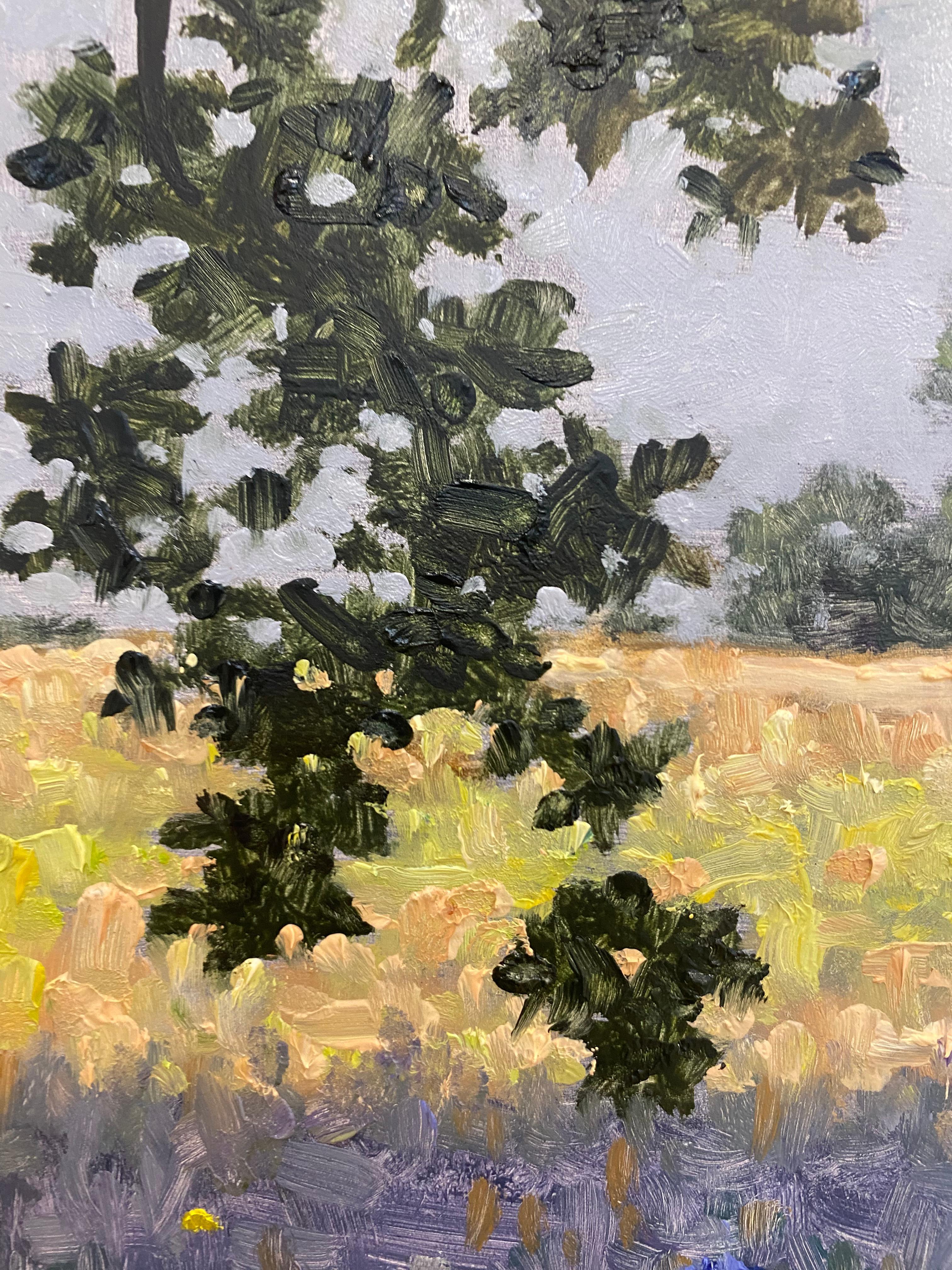 Pittura di campo 1 luglio - Paesaggio contemporaneo albero fiori di lillà, 2022 in vendita 3