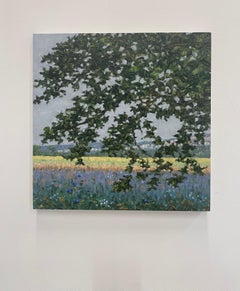 Field Painting July 12 2022, Violet Lavender Flowers, Golden Green Grass, Trees