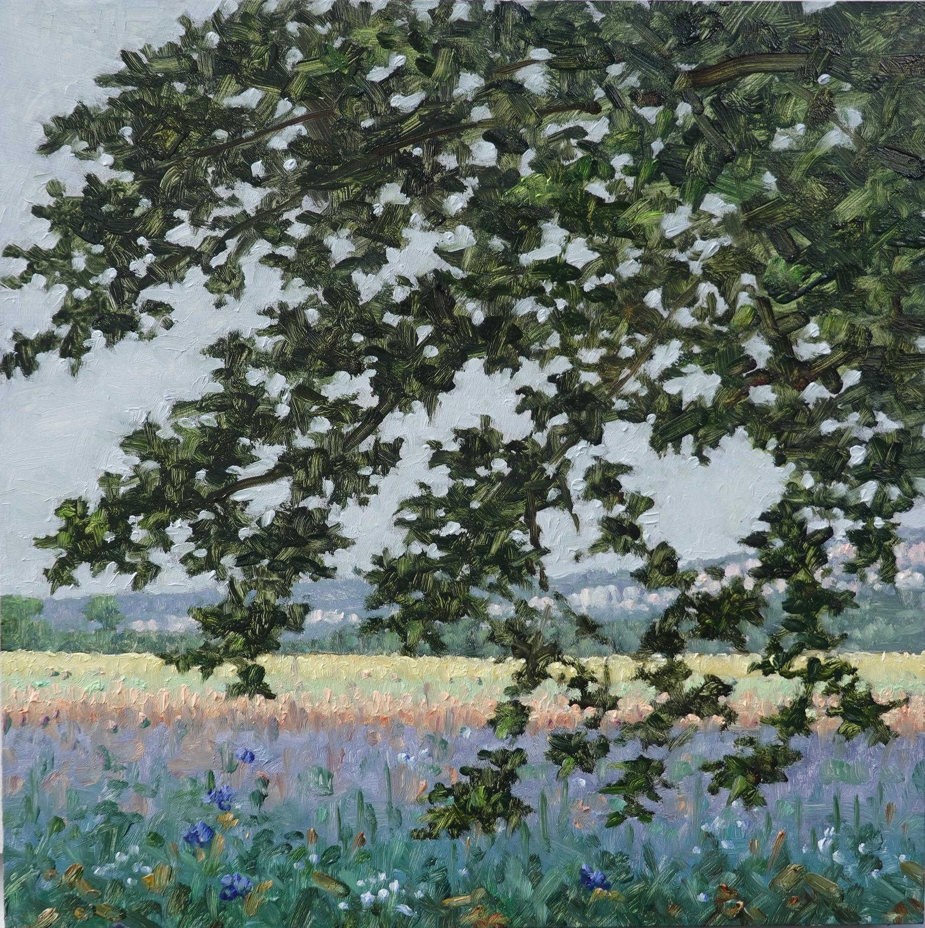 Thomas Sarrantonio Landscape Painting - Field Painting July 12 2022, Violet Lavender Flowers, Golden Green Grass, Trees