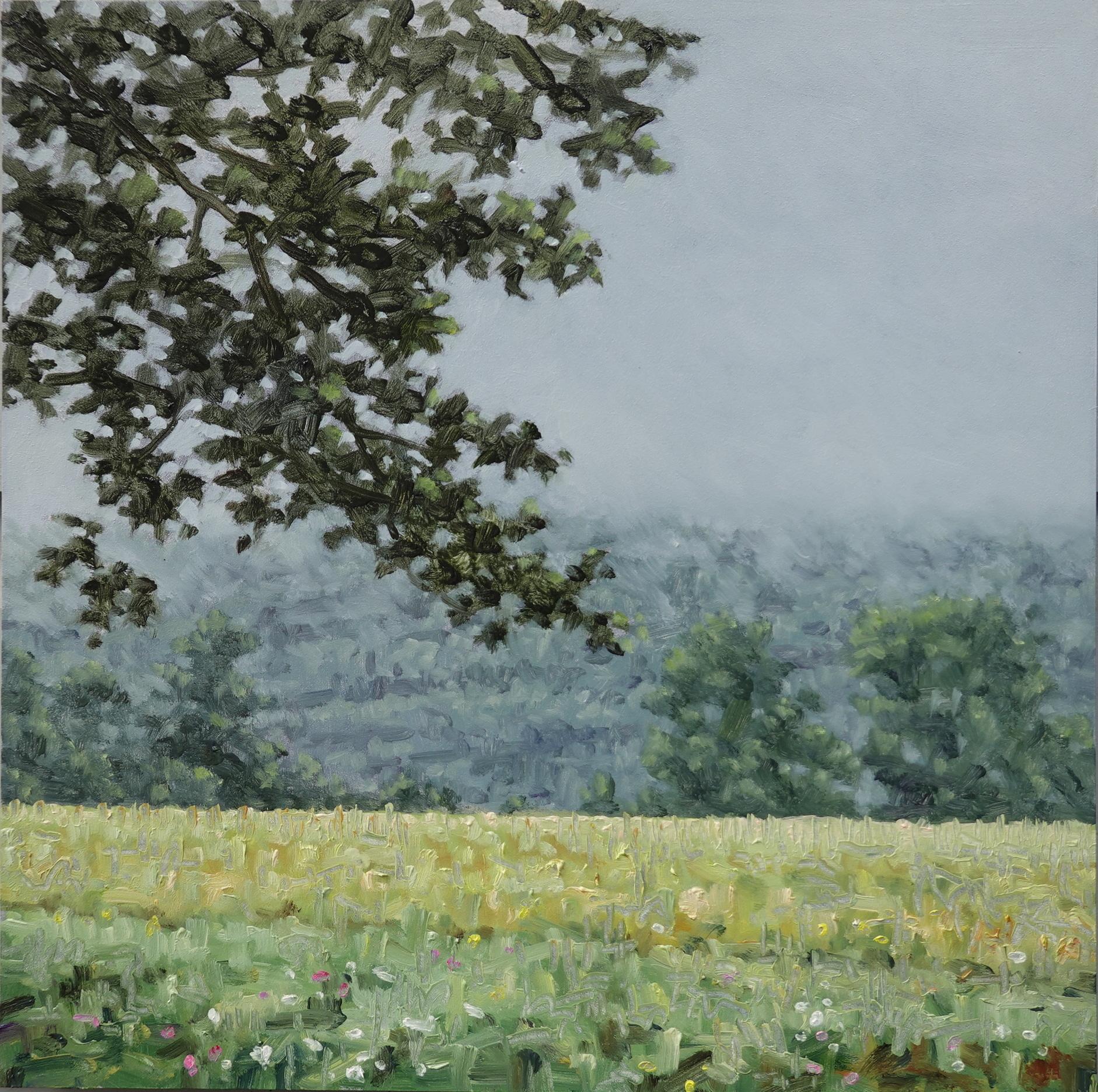 Thomas Sarrantonio Landscape Painting - Field Painting July 13 2022, Flowers, Green Grass, Trees, Summer Landscape