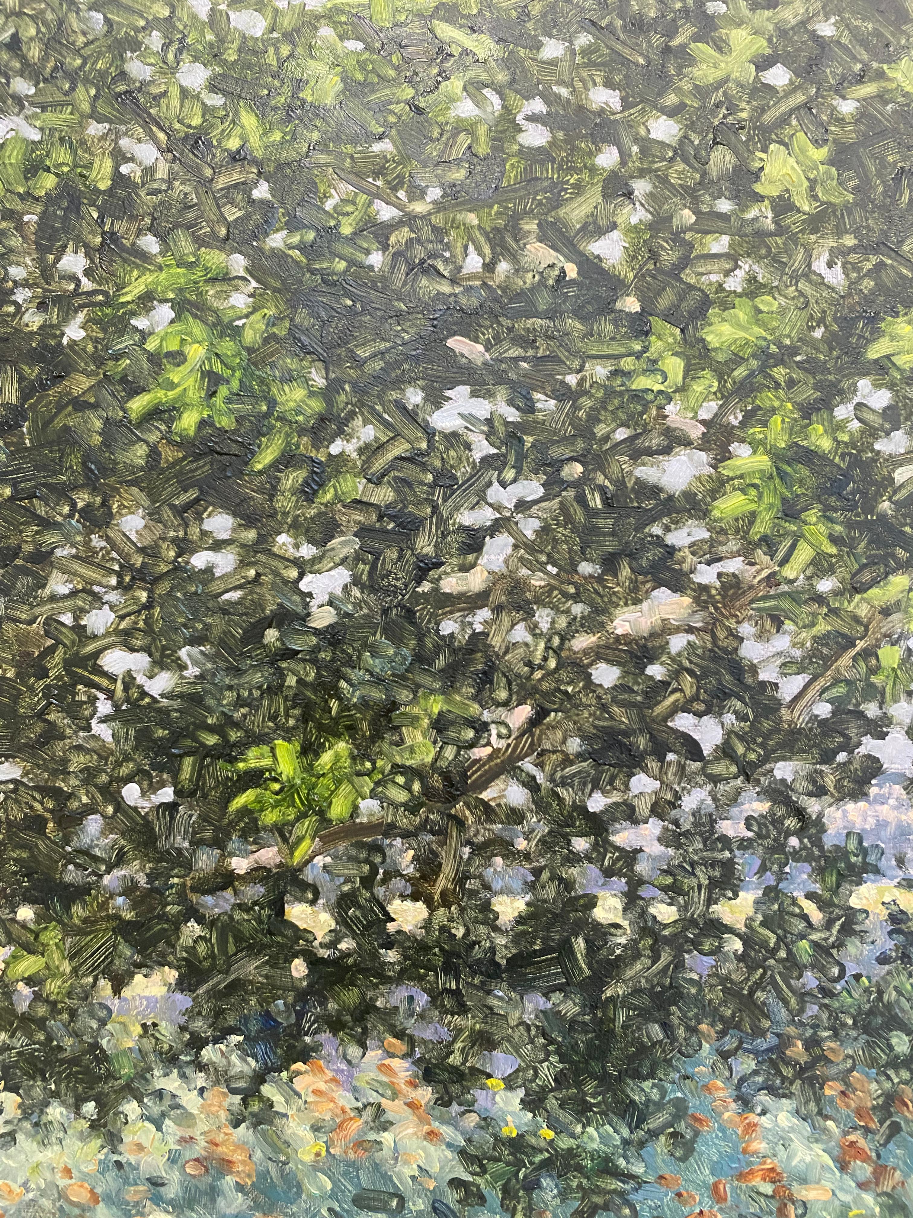 Field Painting July 15 2022, Teal Green Grass, Dark Hunter Green Tree, Summer For Sale 1