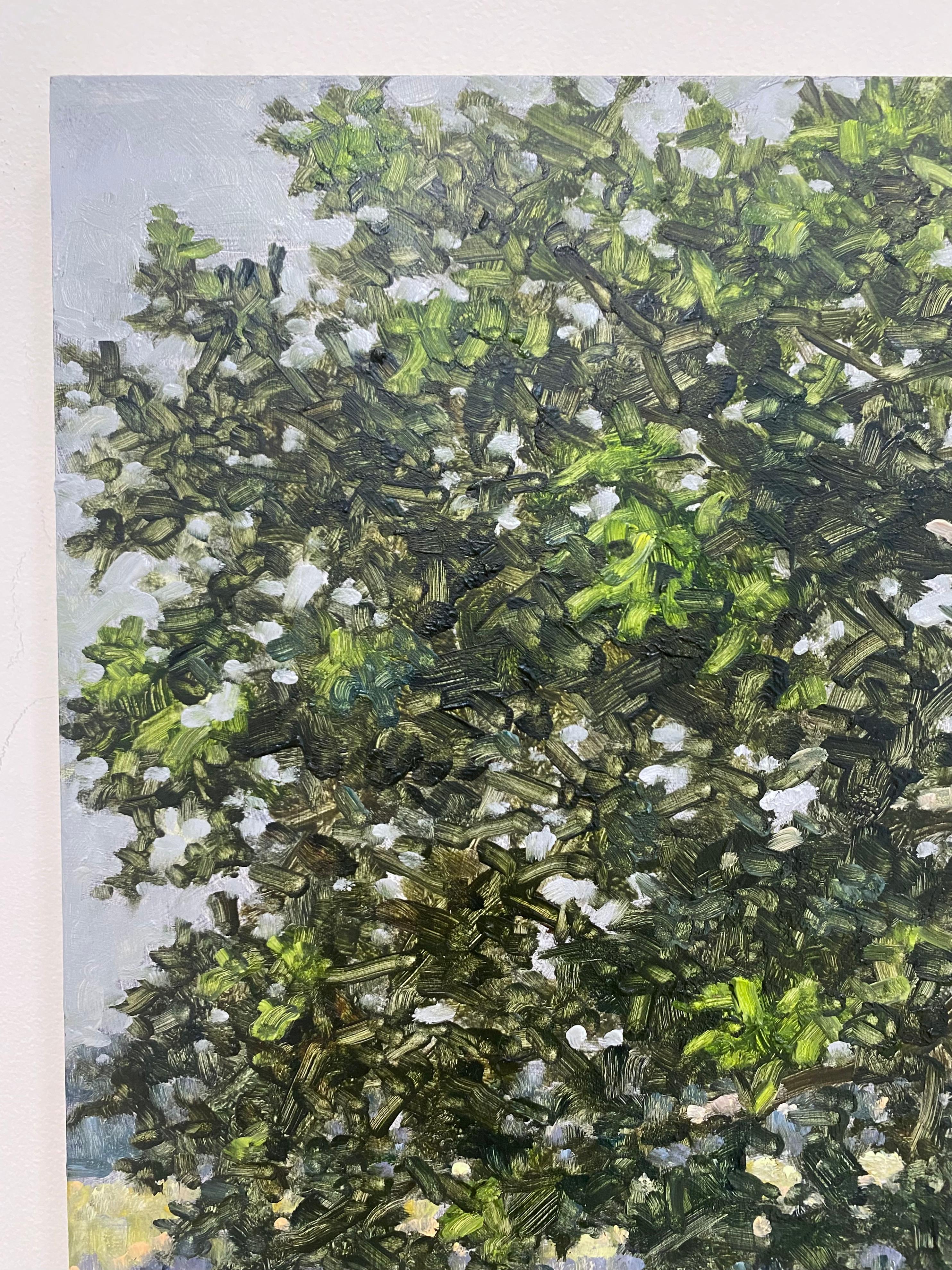 Field Painting July 15 2022, Teal Green Grass, Dark Hunter Green Tree, Summer For Sale 4