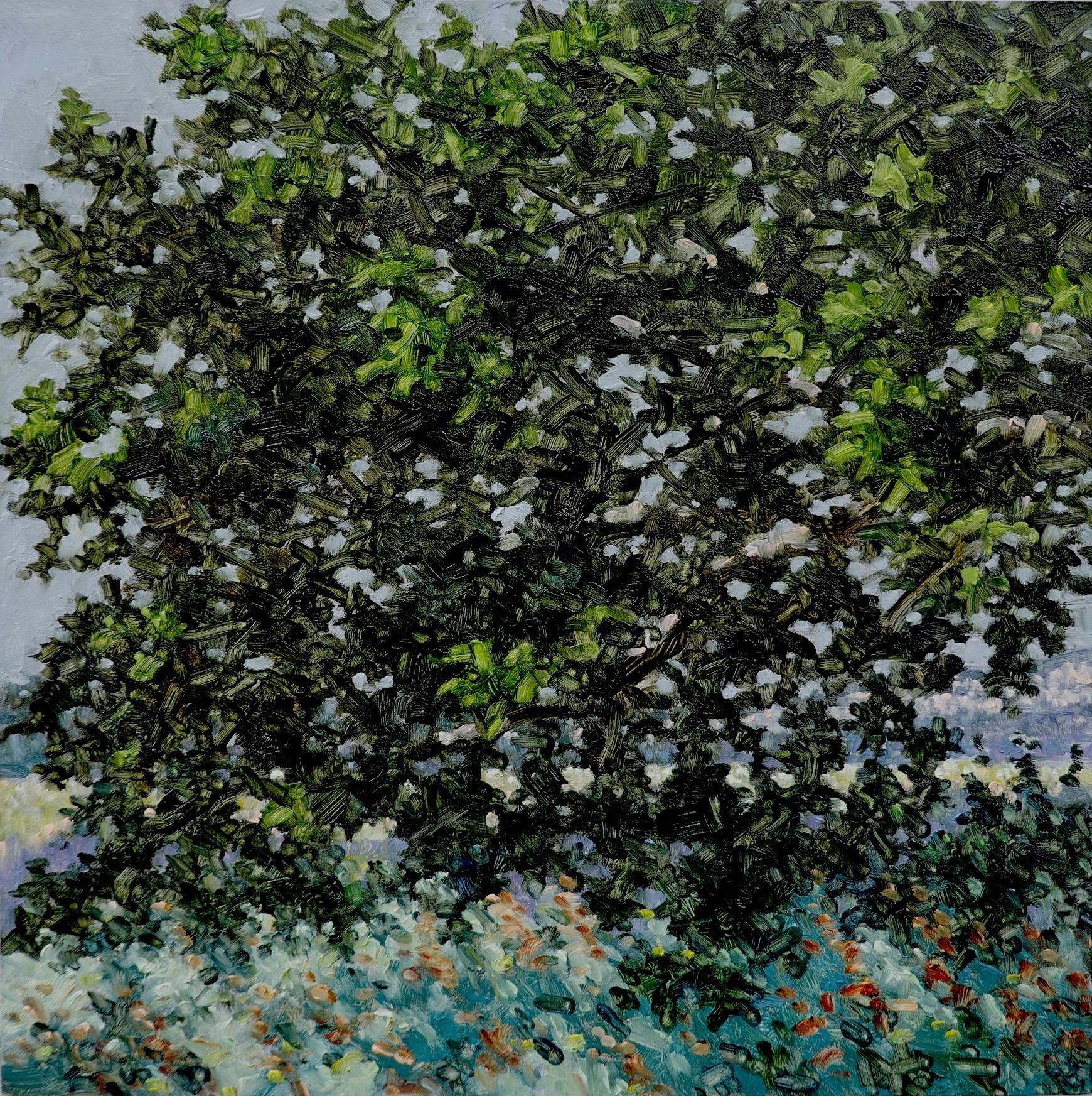 Thomas Sarrantonio Landscape Painting - Field Painting July 15 2022, Teal Green Grass, Dark Hunter Green Tree, Summer