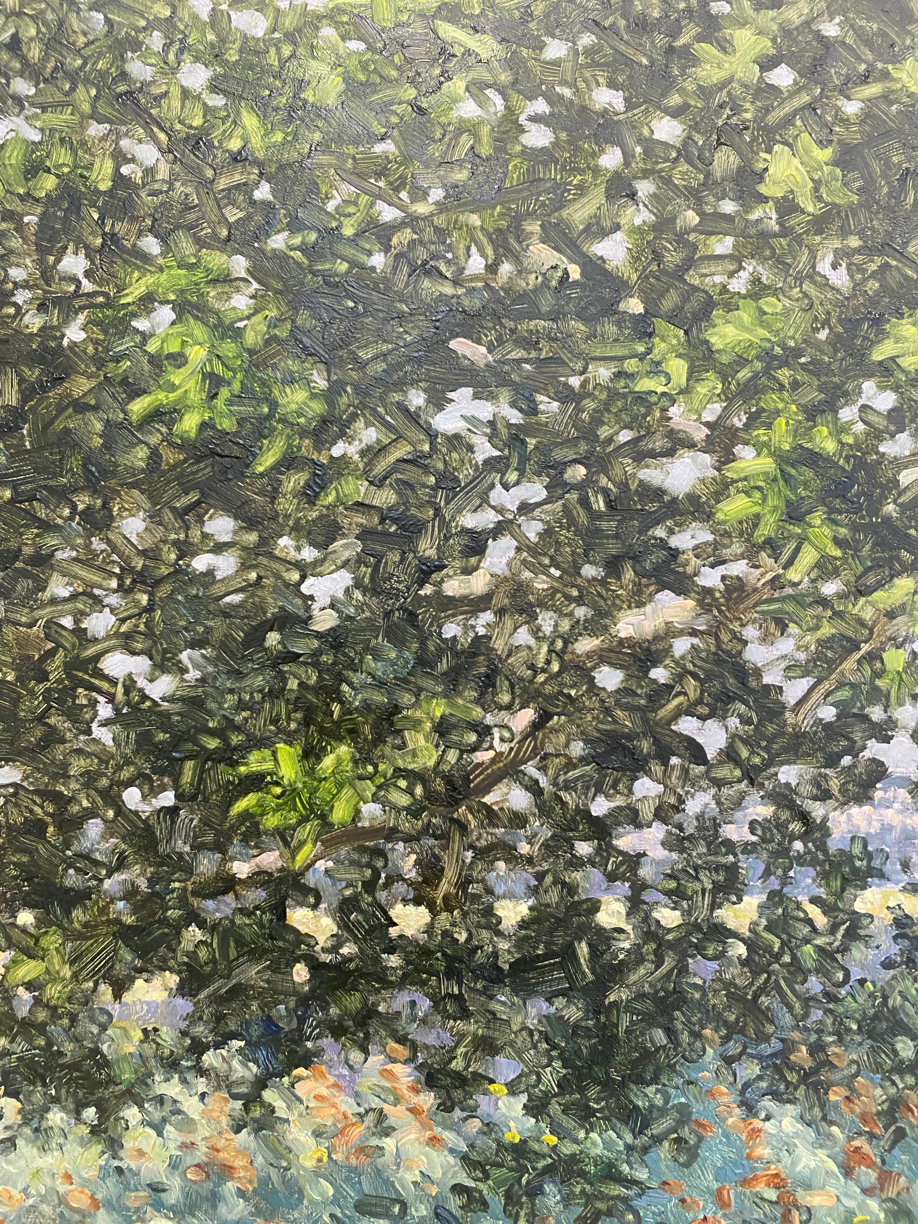 Peinture de paysage contemporaine d'une scène paisible en plein air, un champ herbeux sous un arbre aux feuilles vertes foncées, capturant magnifiquement l'atmosphère idyllique d'un après-midi de la mi-juillet. Signé, daté et titré au verso.

Les