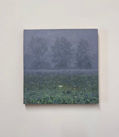 Pintura de campo 17 de julio - Pintura contemporánea de paisaje Árboles de niebla, 2023