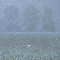 Pintura de campo 17 de julio - Pintura contemporánea de paisaje Árboles de niebla, 2023