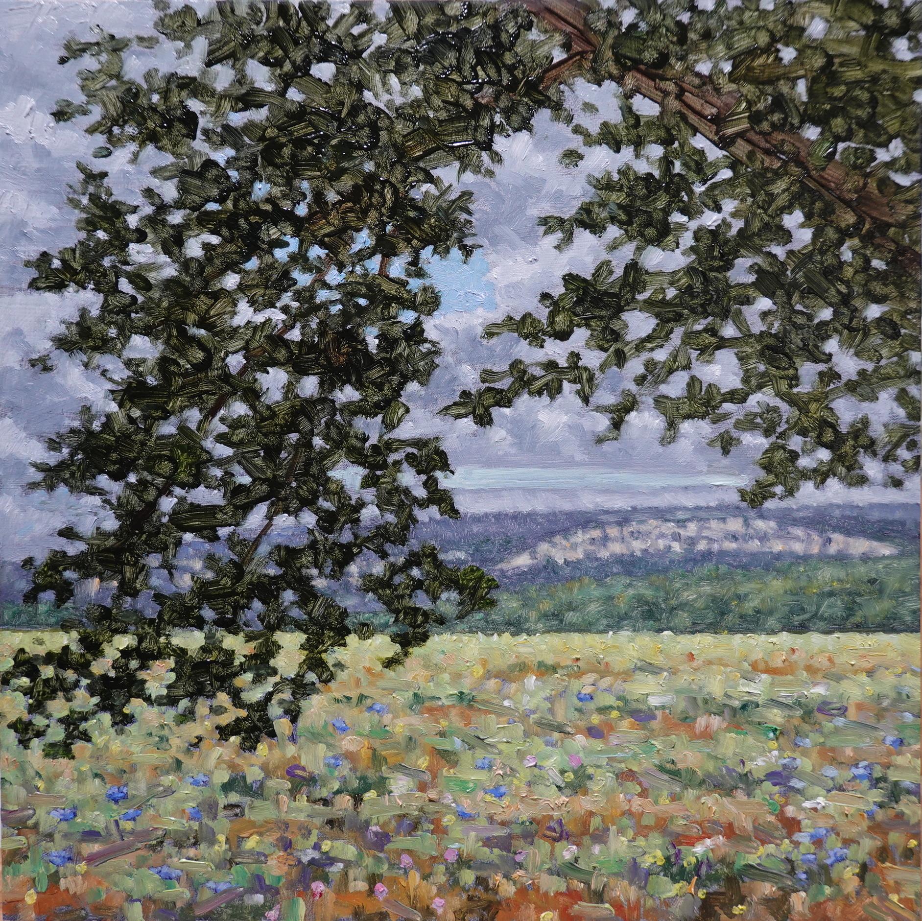 Thomas Sarrantonio Landscape Painting - Field Painting July 19 2022, Green Tree, Grass, Lilac Blue Flowers