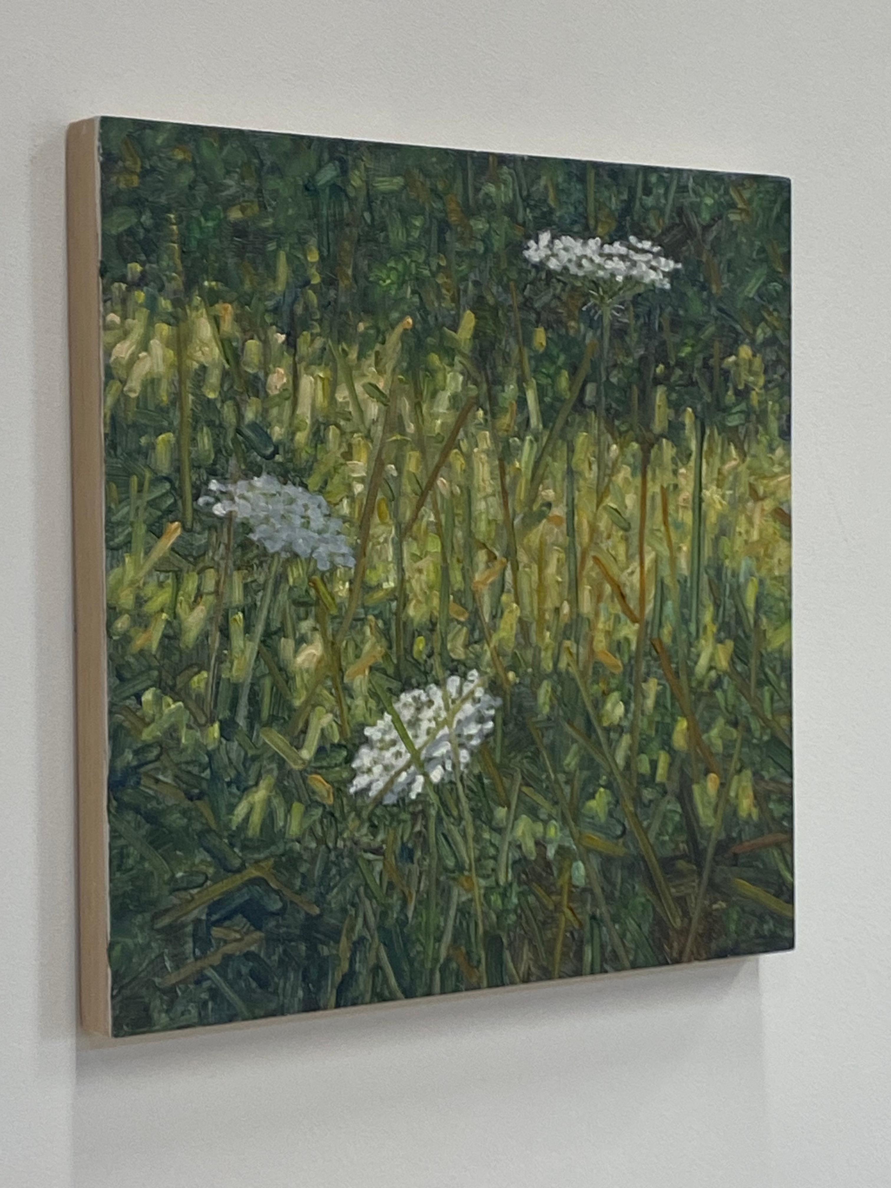 Dieses zeitgenössische Gemälde in Öl auf Paneel zeigt eine friedliche Szene im Freien im Sommer mit einem grasbewachsenen Feld voller weißer Queen Anne's Lace-Blüten, das die Idylle eines Feldes mit Wildblumen im Juli wunderbar einfängt. Verso