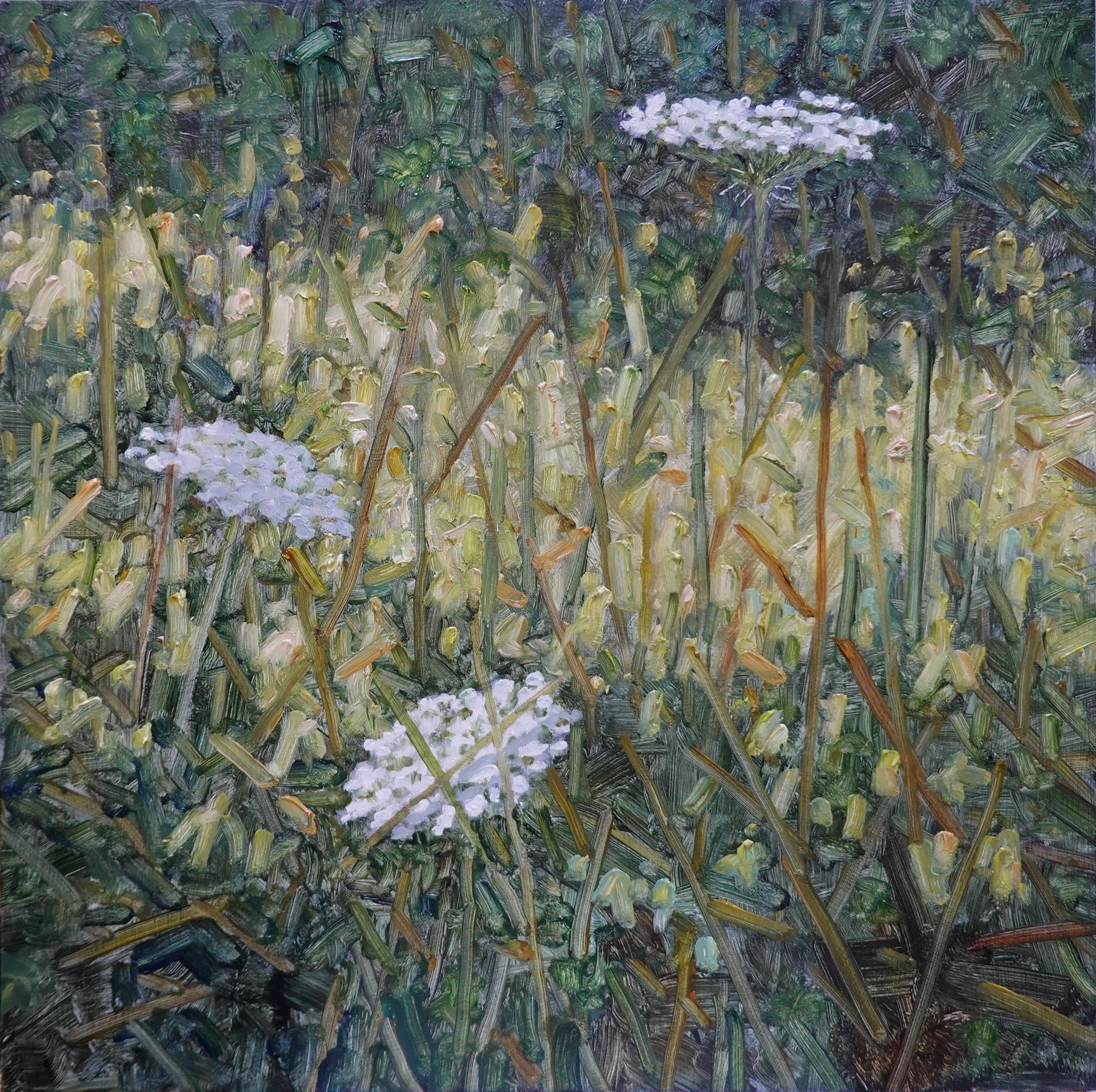 Thomas Sarrantonio Landscape Painting - Field Painting July 20 2022, White Queen Anne's Lace Flowers, Green Grass