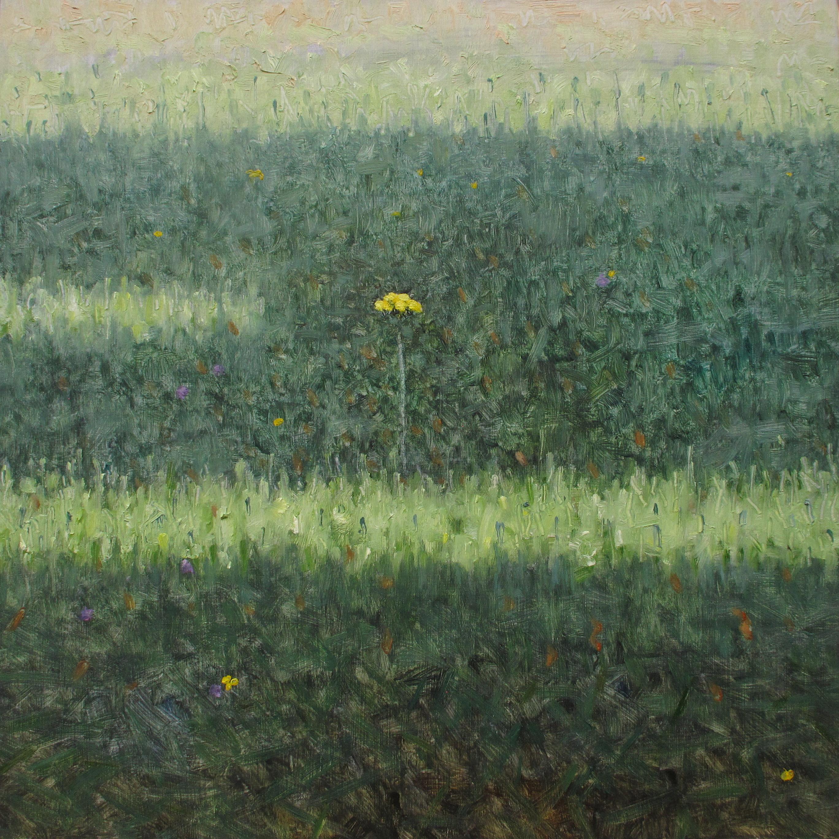 Field Painting July 22 2020, Botanical Landscape, Yellow Flower in Green Field