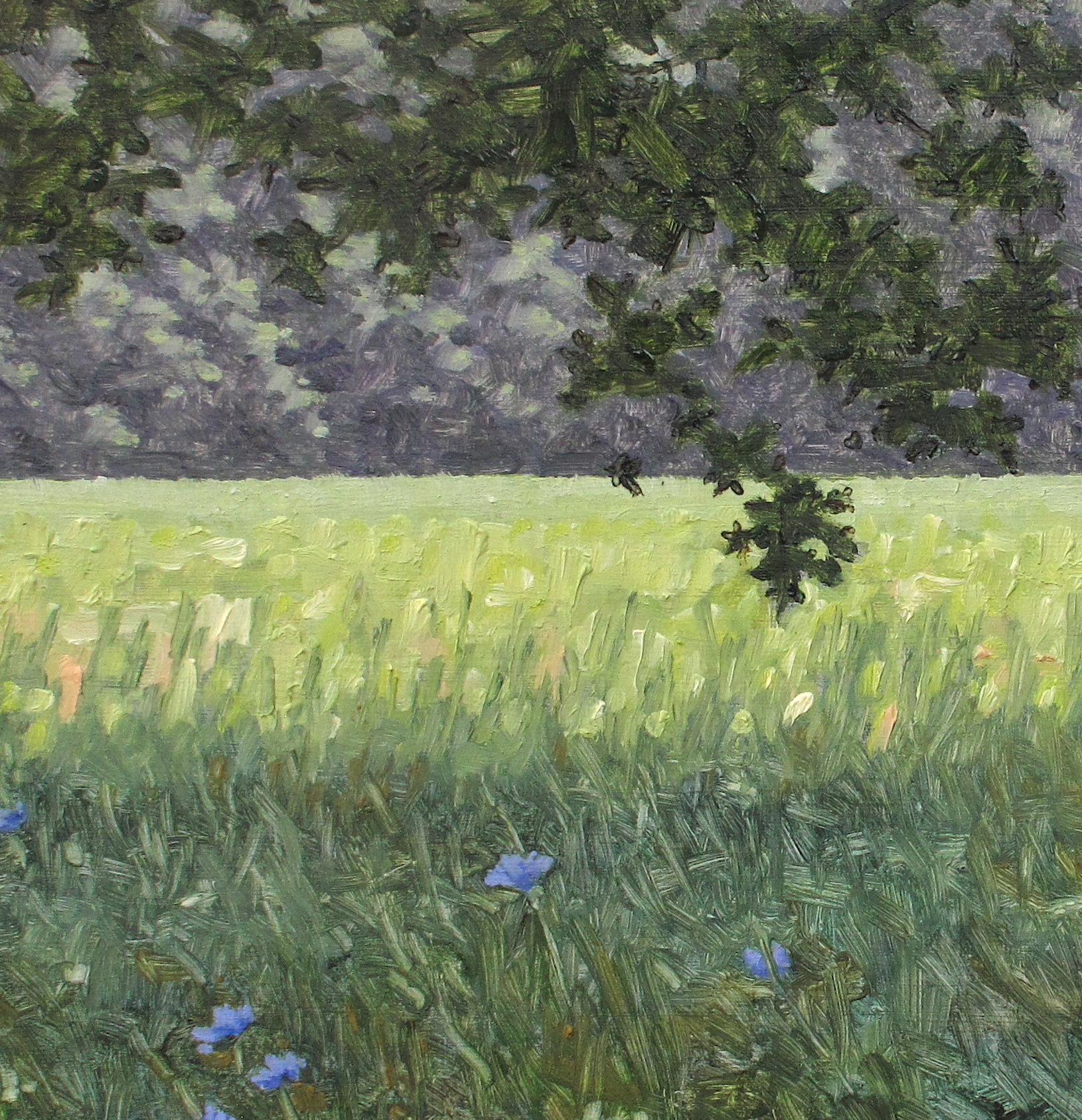 Field Painting July 24, Square Landscape, Violet Flowers, Green Field, Trees - Purple Landscape Painting by Thomas Sarrantonio