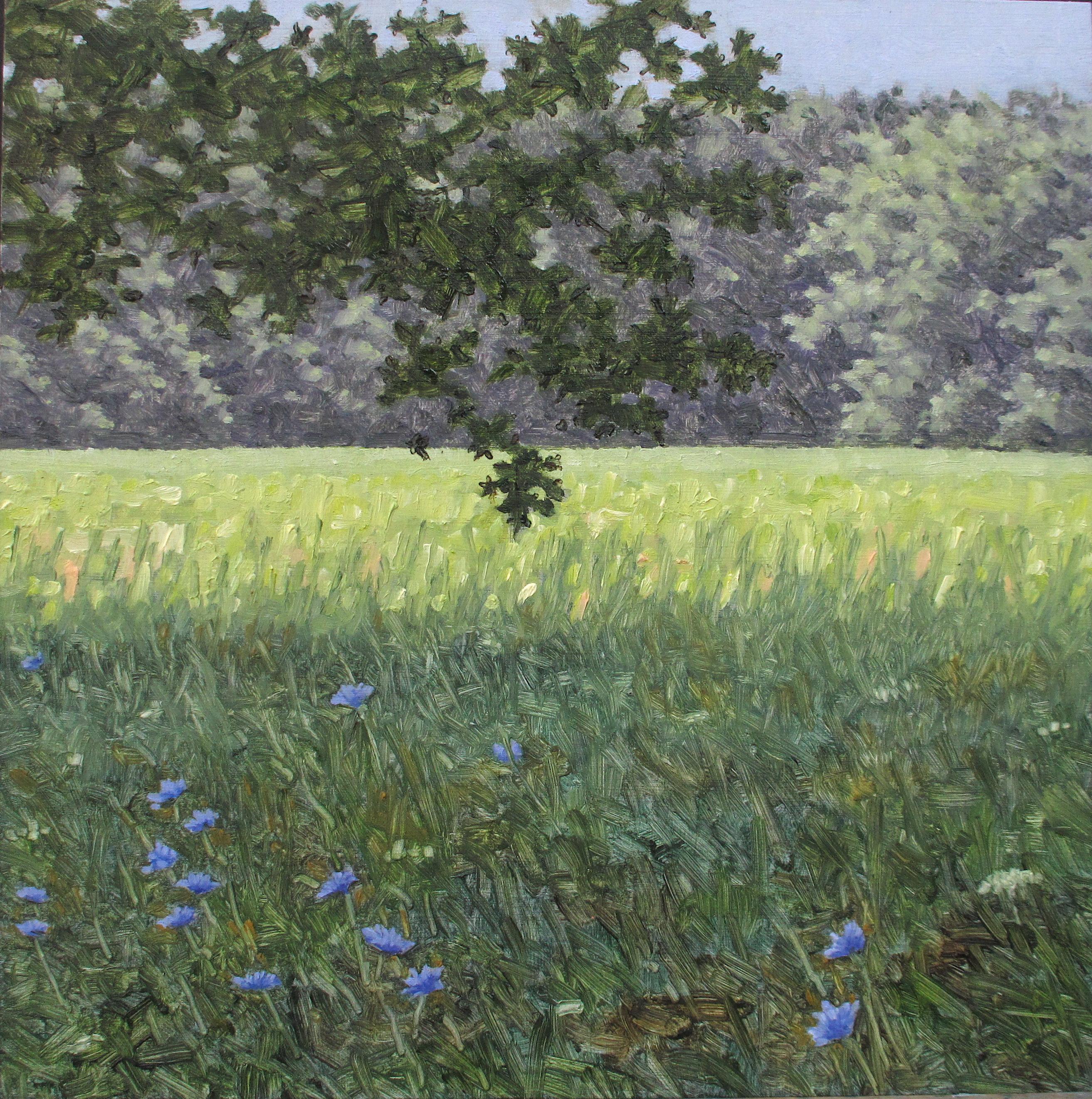 Thomas Sarrantonio Landscape Painting - Field Painting July 24, Square Landscape, Violet Flowers, Green Field, Trees