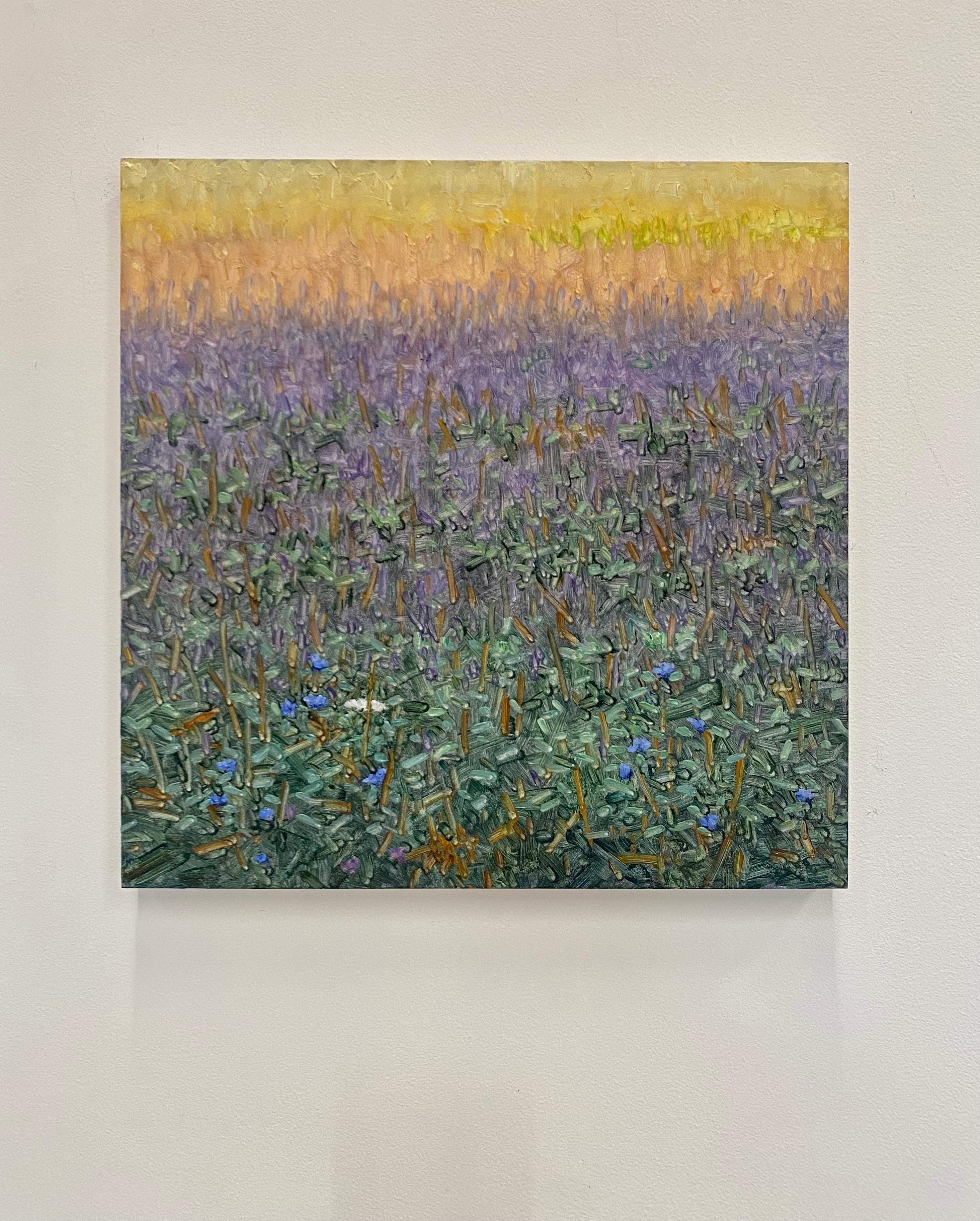 A peaceful outdoor scene of a delicately painted field with periwinkle blue, lavender and white flowers, beautifully capturing the idyllic feel of a field of wildflowers and tall grass in late July. Signed, dated and titled on verso.

The paintings